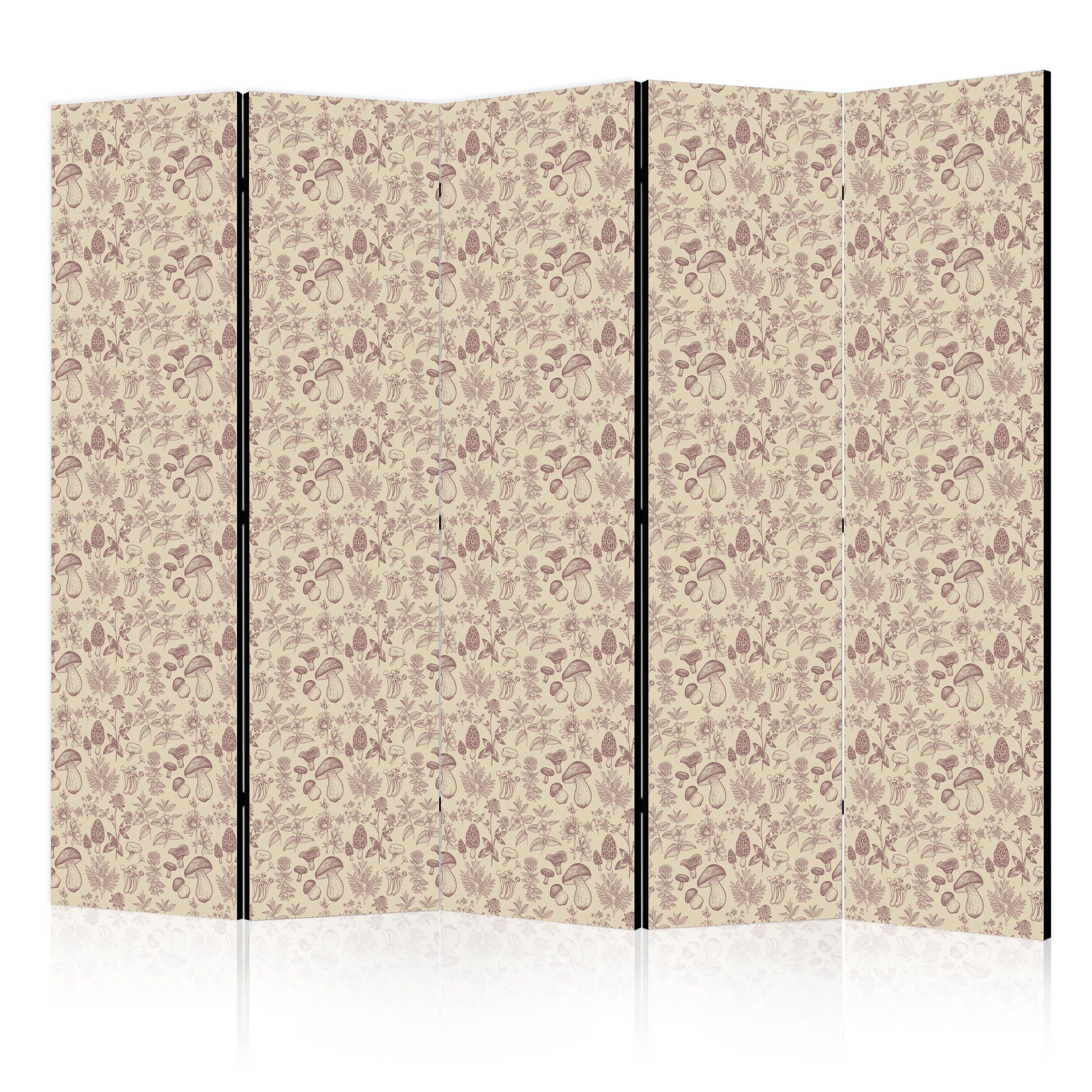 PARAVÁN Obojstranný 5-dielny 225x172 cm Boho Kvety a Huby - hnedá, drevo/textil (225/172/3cm) - Muralo