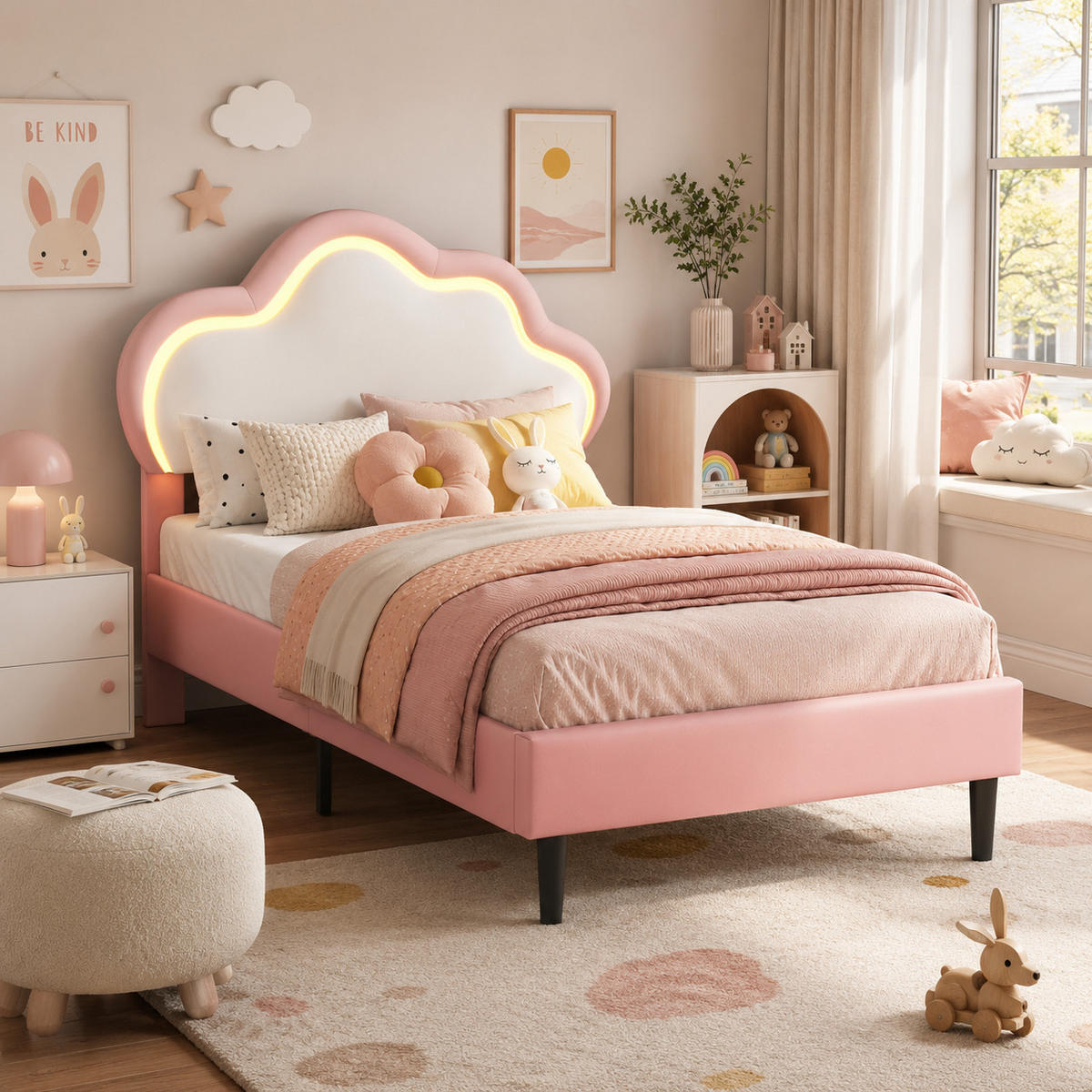 KINDERBETT 90/200 Rosa mit LED, Jugendbett Kinderbett mit Lattenrost - Rosa, Metall (90/200cm) - Joyfair