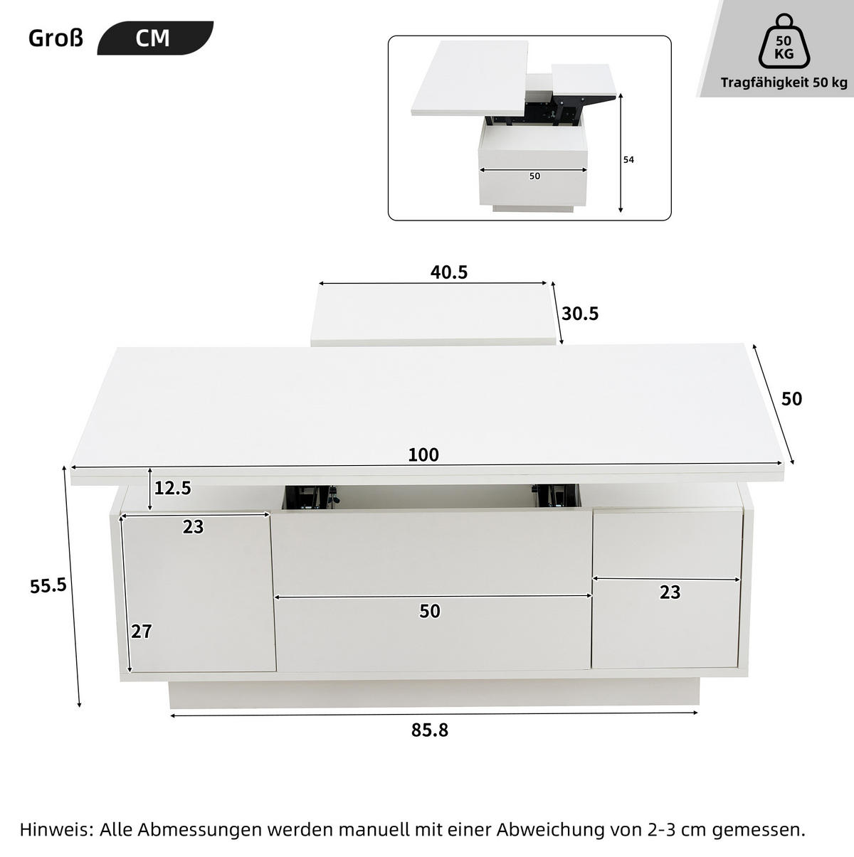 COUCHTISCH 100/50 cm in Weiß mit Doppel-Hebemechanismus und Stauraum - Weiß, Holzwerkstoff (100/50/43cm) - Flora Grace
