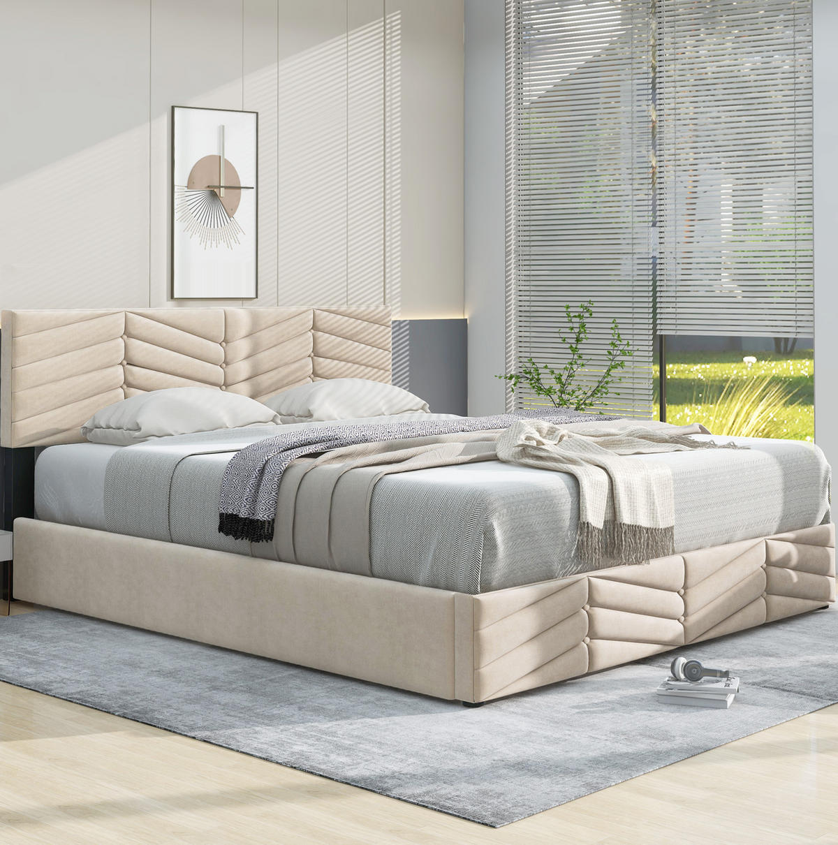 TAPECIRANI krevet 140/190 cm bež od baršuna s podesivim uzglavljem i letvičastom podlogom - bež, tekstil (140/200cm) - OKWISH