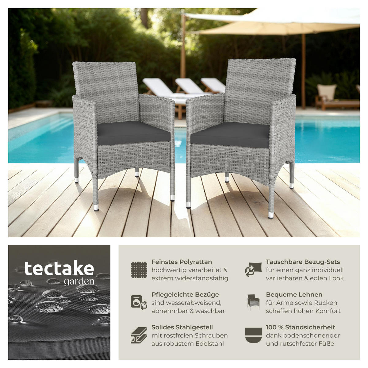RATTANSTUHL 2er Set Nantes,59 x 57 x 85 cm,hellgrau/creme - Hellgrau/Creme, Kunststoff (57/85/59cm) - tectake