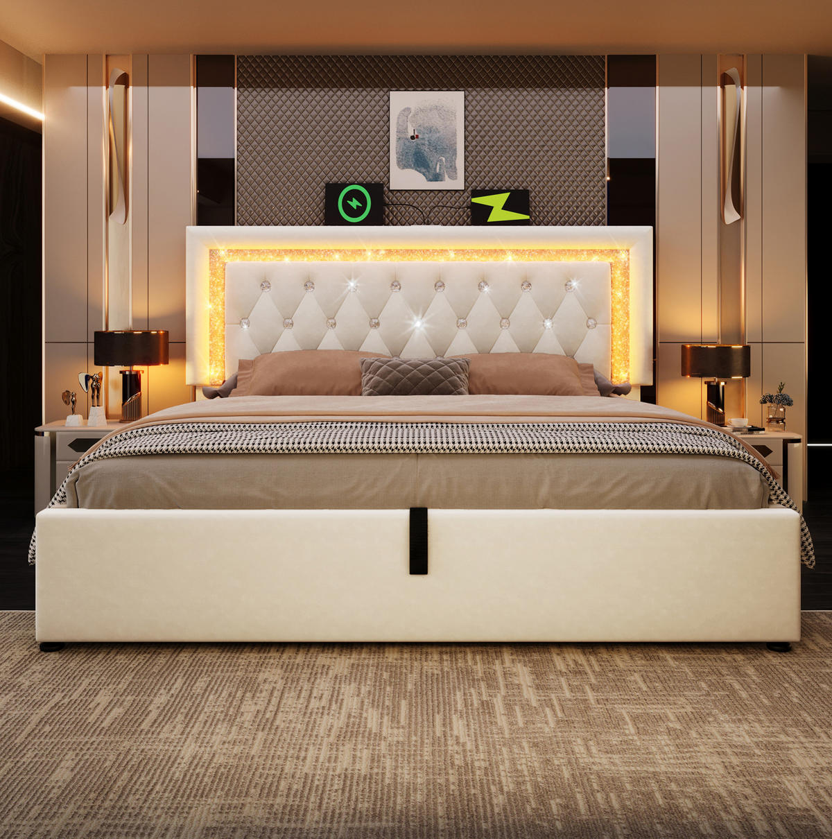 POLSTERBETT aus Samt 140x200 cm Beige mit Matratze, LED-Beleuchtung, USB-C und Bettkasten - Beige, Textil (140/200cm) - IVMEU