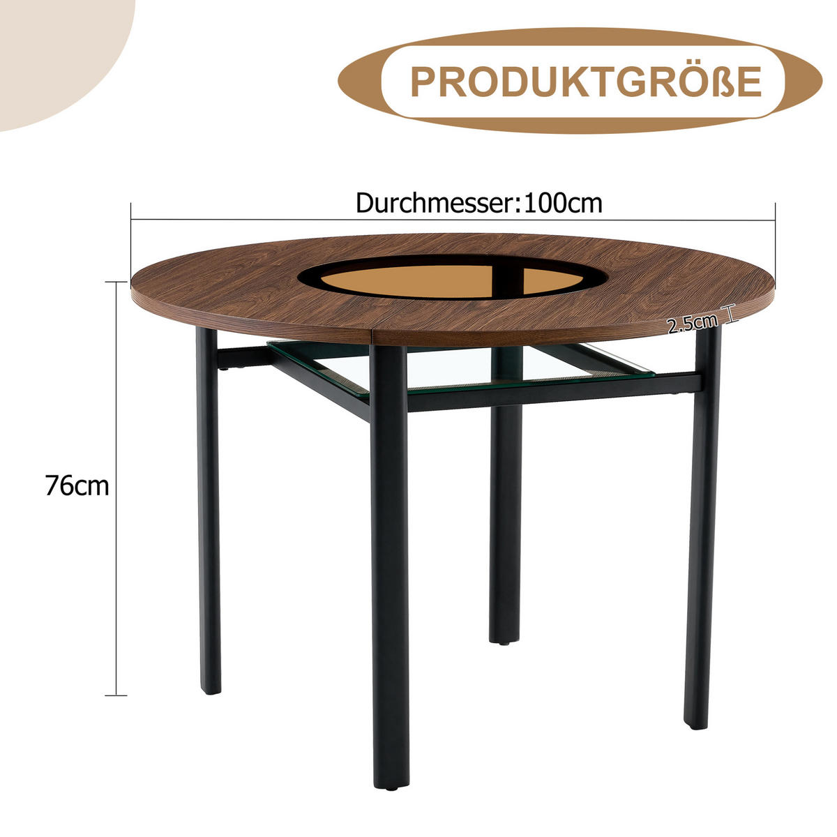 STÔL 100 cm z MDF v dekore dreva, hnedo-čierny so sklenenou vložkou - hnedá, kompozitné drevo (100/100/76cm) - BEAOK