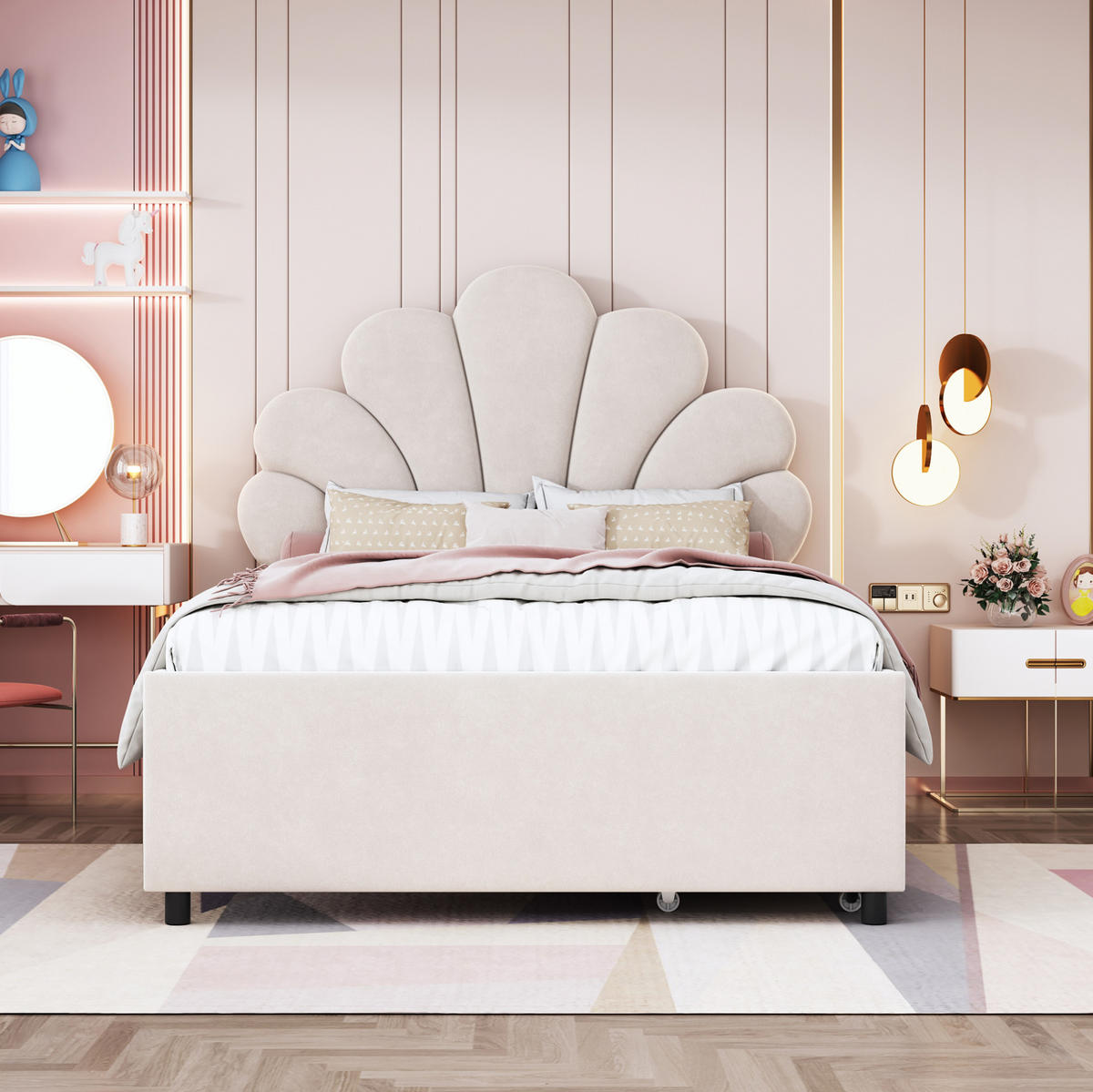 KINDERBETT 90/200 cm aus Samt mit 2 Schubladen und blütenförmigem Kopfteil Beige - Beige, Textil (90/200cm) - Modenvie