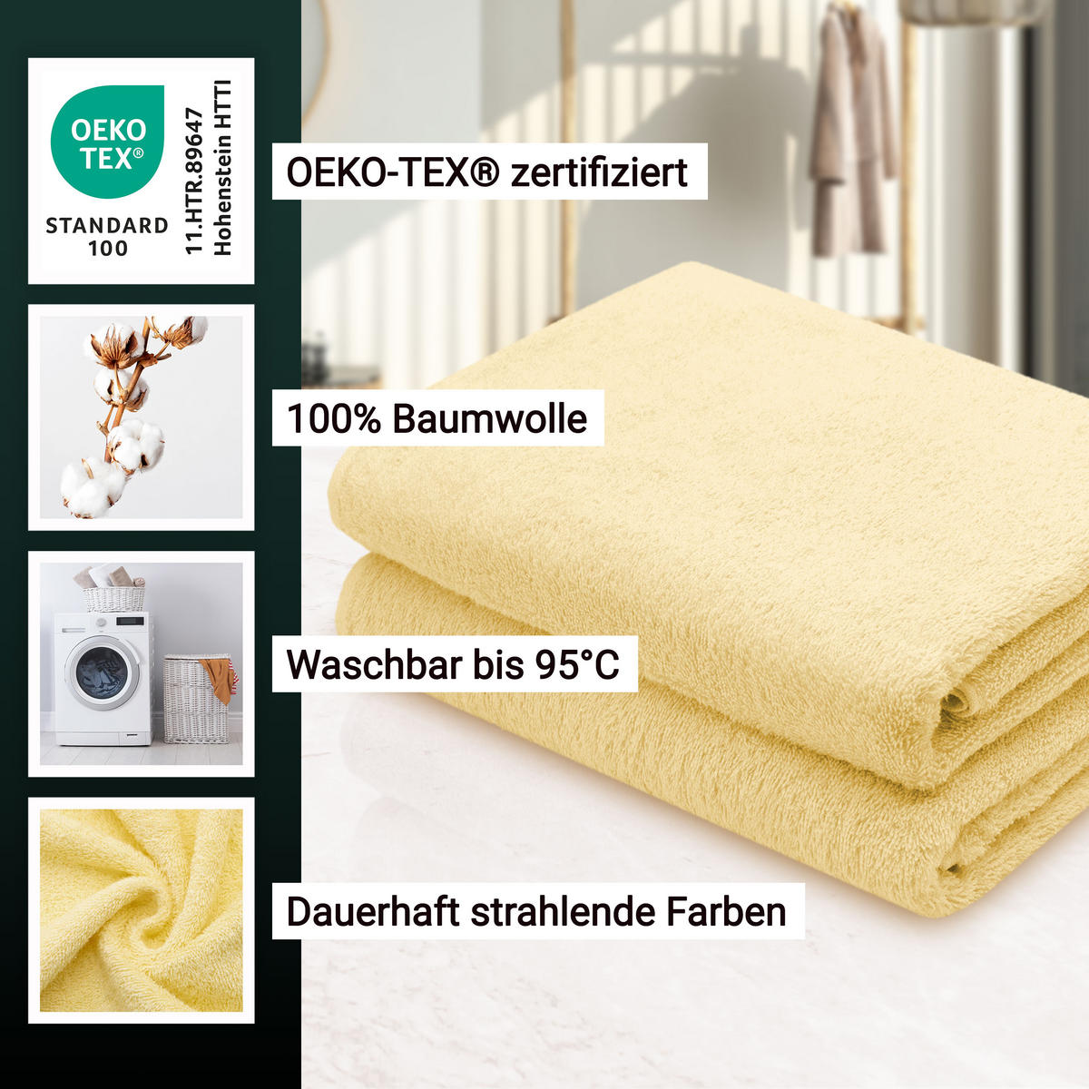 DUSCHTÜCHER, 2er-Set, 70x140 cm, 100% Baumwolle, Gelb - Hellgelb, Textil (70/140cm) - Zollner