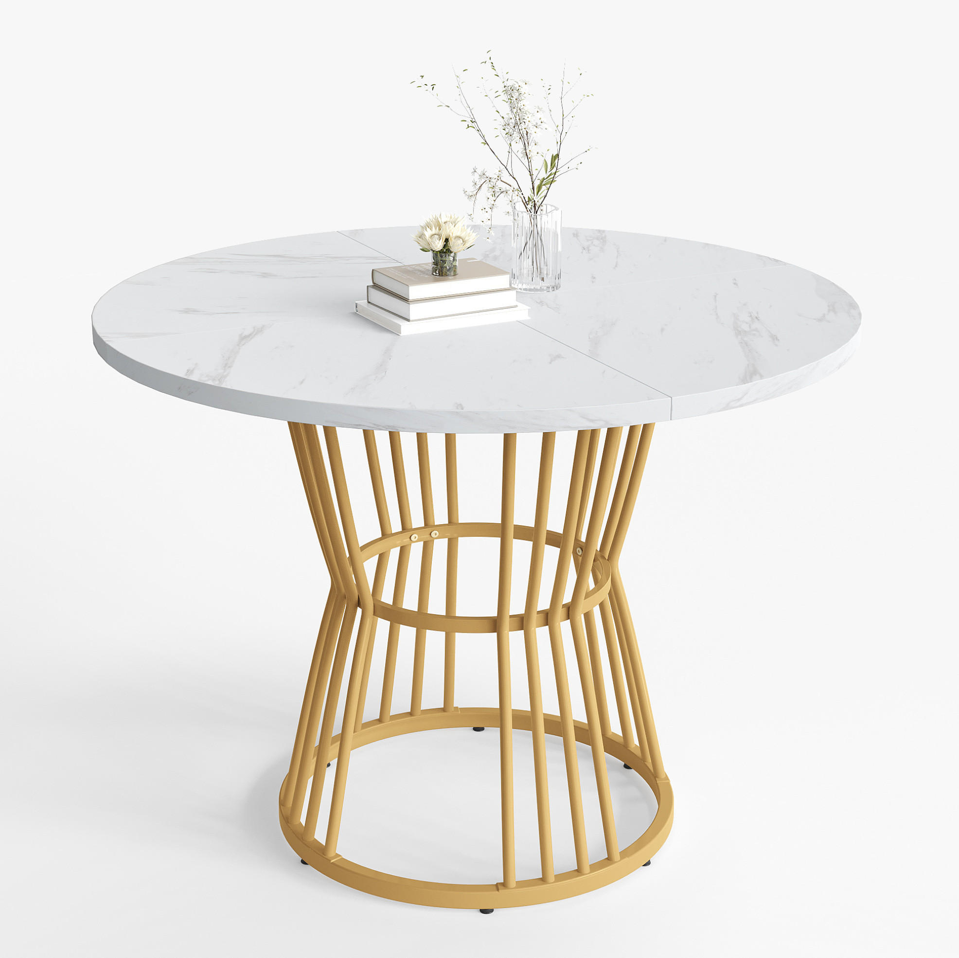 Modfu JÍDELNÍ stůl z MDF a kovu průměr 90x75x18 cm bílý s mramorovým dekorem a stabilní kovovou podnoží