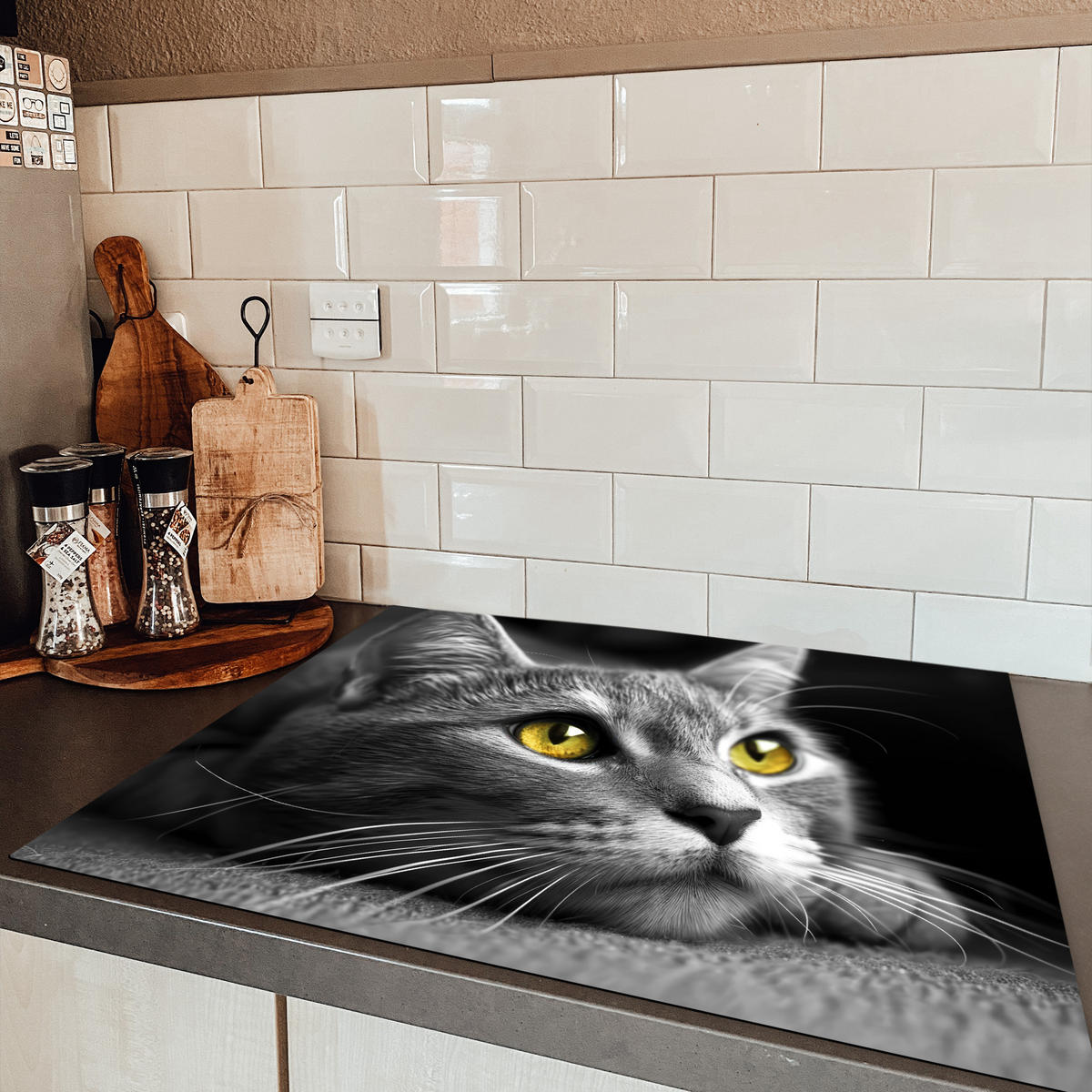 HERDABDECKPLATTE Katze - Grau - Tiere - Katze Induktionsmatte 77x59 cm - Grau, Kunststoff (77/59/0.2cm) - MuchoWow