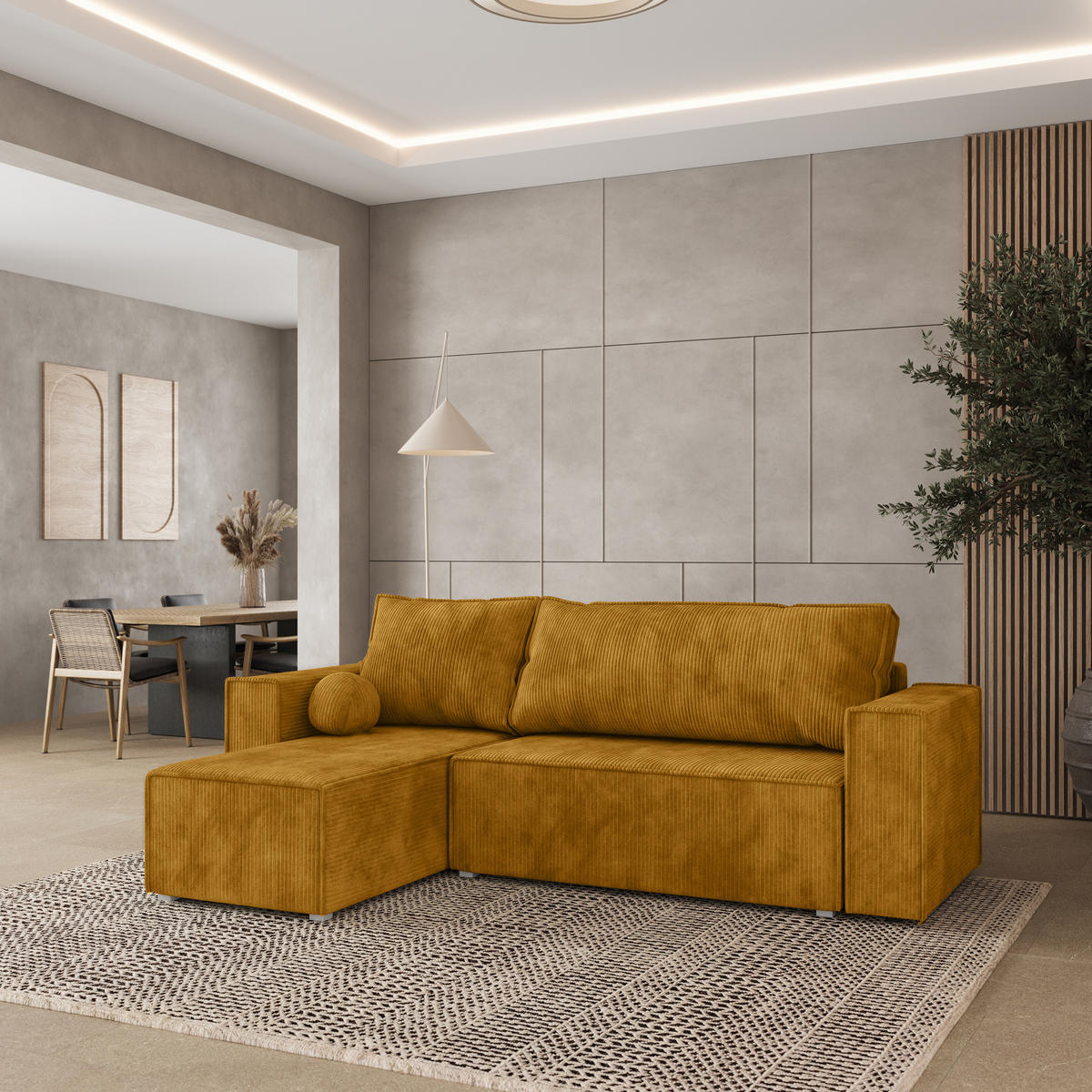 ROHOVÁ SEDAČKA RAVELO žlutá - šedá/žlutá, dřevo/textil (240/140cm) - MASSENO