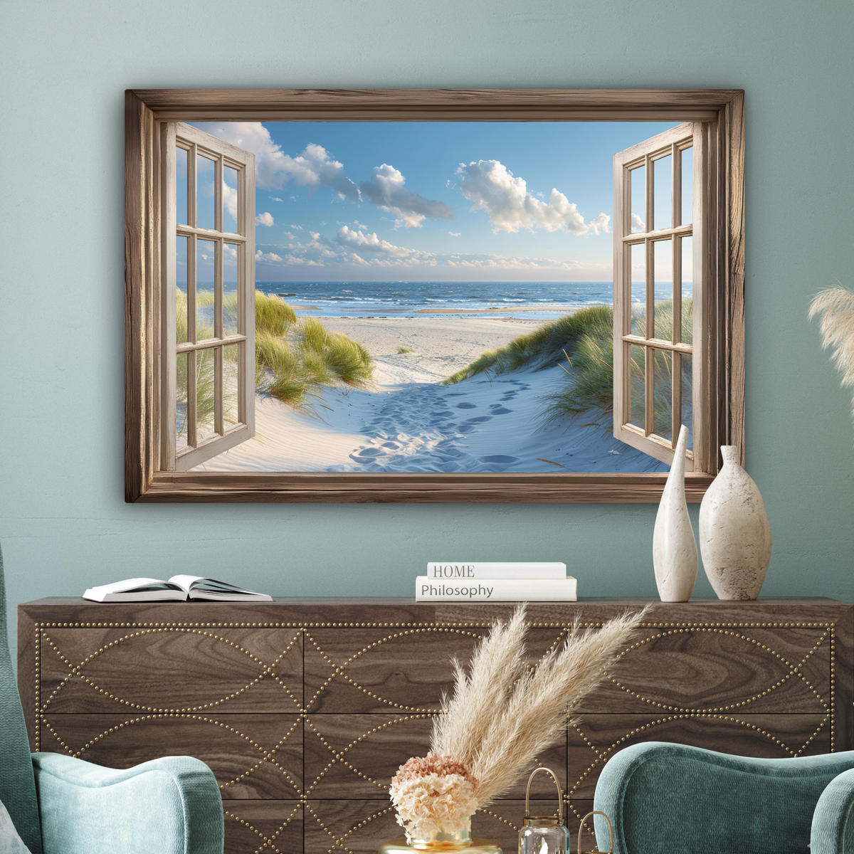 LEINWANDBILD Aussicht - Strand - Fenster - Dünen - Meer XXL 150x100 cm - Hellblau, Textil (150/100cm) - MuchoWow