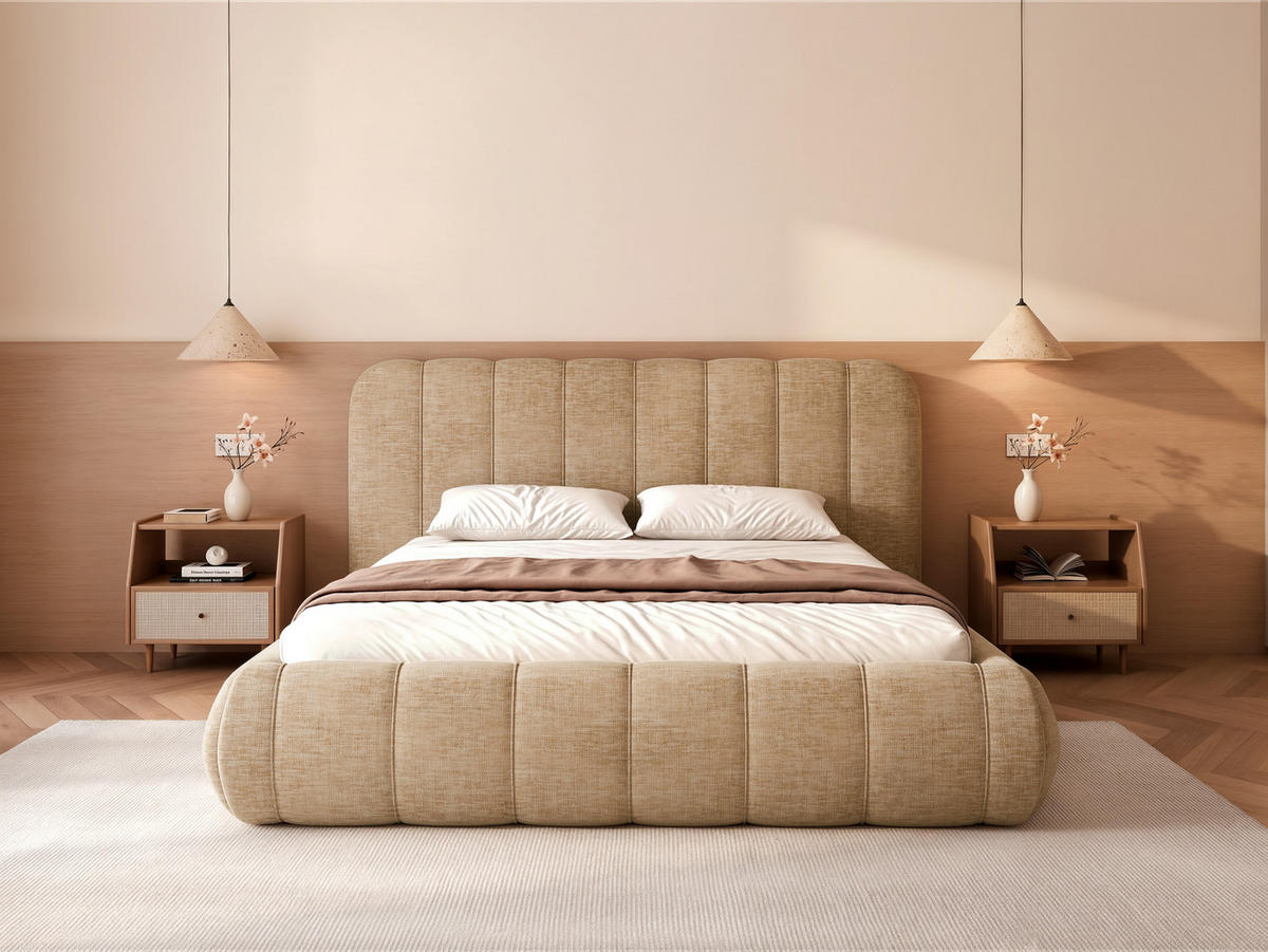 POLSTERBETT Gallo 160x200 cm Beige Chenille – (Doppelbett mit Bettkasten, Lattenrost, voluminöses Kopfteil) - Beige, Holz/Holzwerkstoff (160/200cm) - Ravio