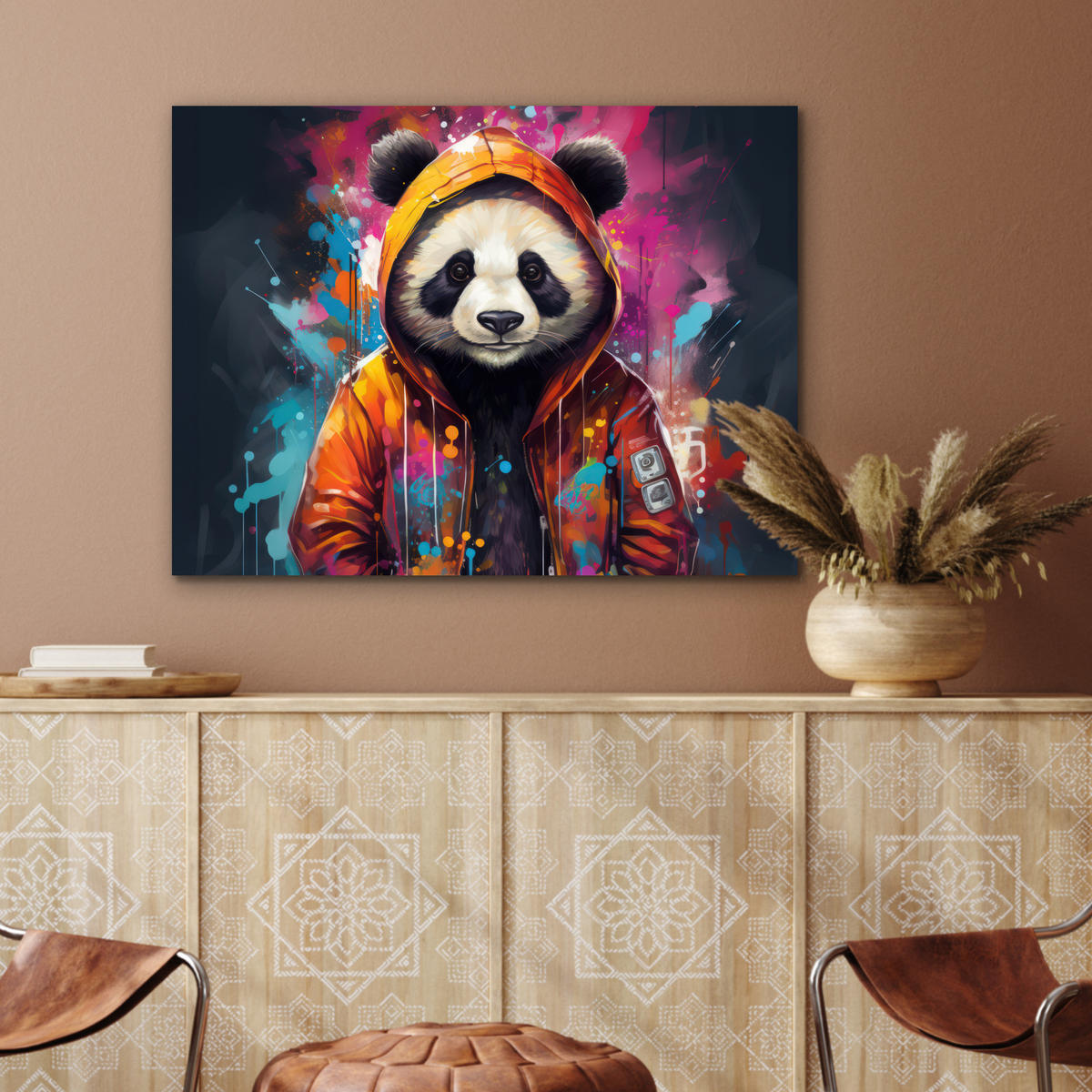 METALLBILD Panda - Jacke - Graffiti - Orange 80x60 cm - Orange, Metall (80/60cm) - MuchoWow