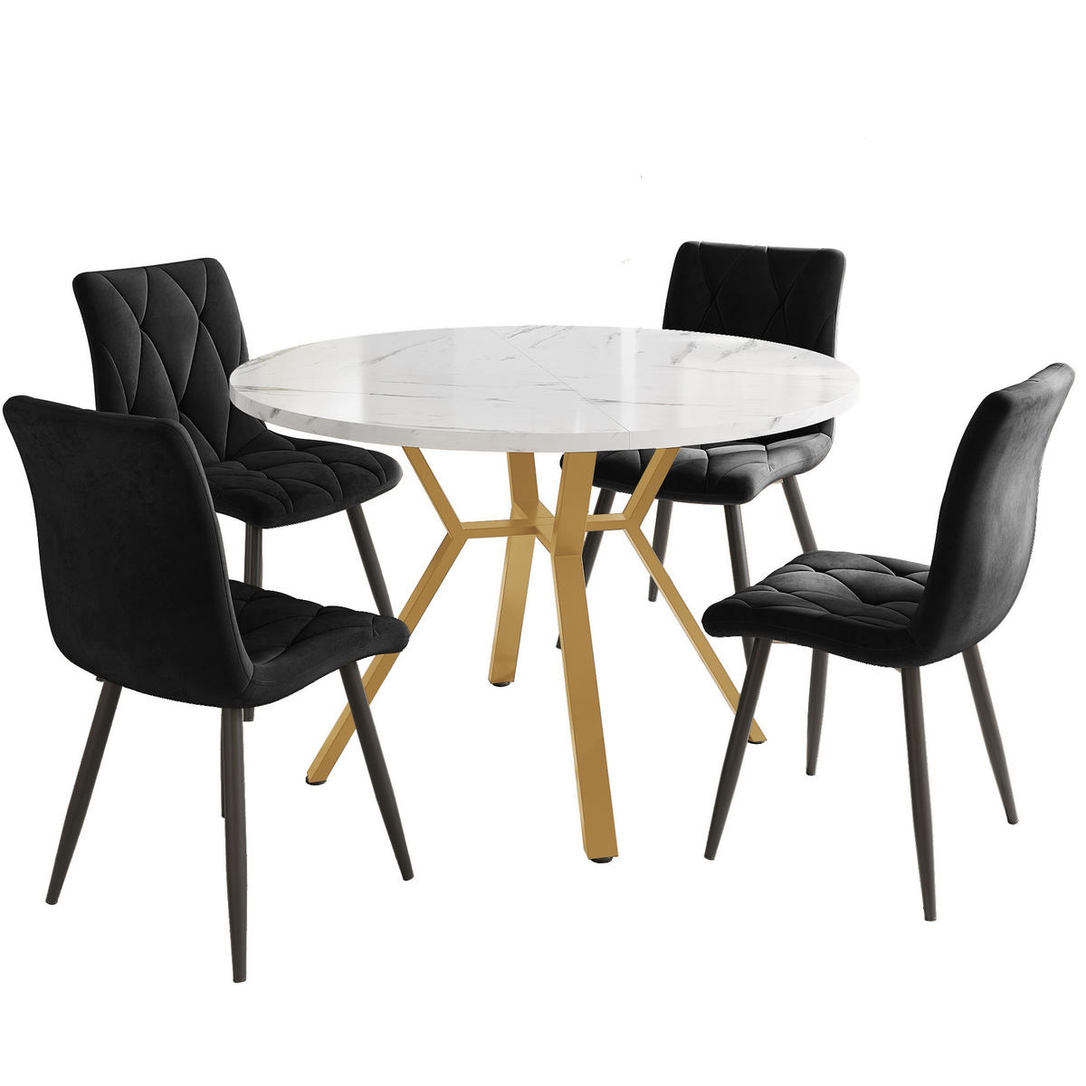 ESSTISCHSET 5-Teilig Rund Marmor, Goldene Beine, 4 Samtstühle Schwarz - Schwarz, Metall (100/75/100cm) - FLIEKS