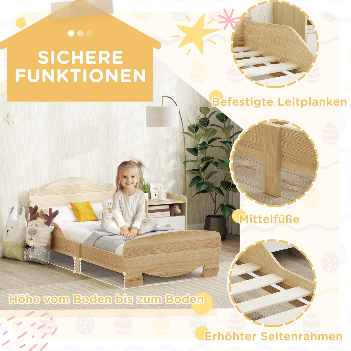 KINDERBETT, Naturholz, MDF, 143,5L x 80B x 55H cm - Naturfarben, Holzwerkstoff - AIYAPLAY