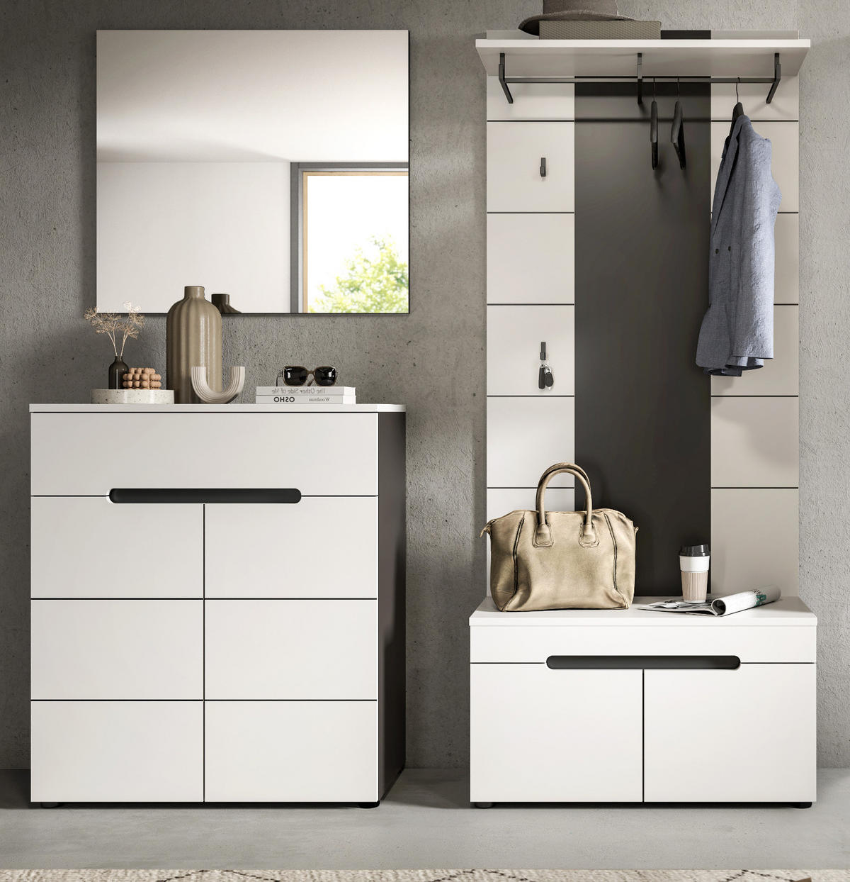 GARDEROBEN-SET 4-teilig weiß, grau 175 cm, Komplettset mit Soft-Close-Funktion, Cooper - Schwarz/Weiß, Glas/Holzwerkstoff (175/190/37cm) - Inn.Furn