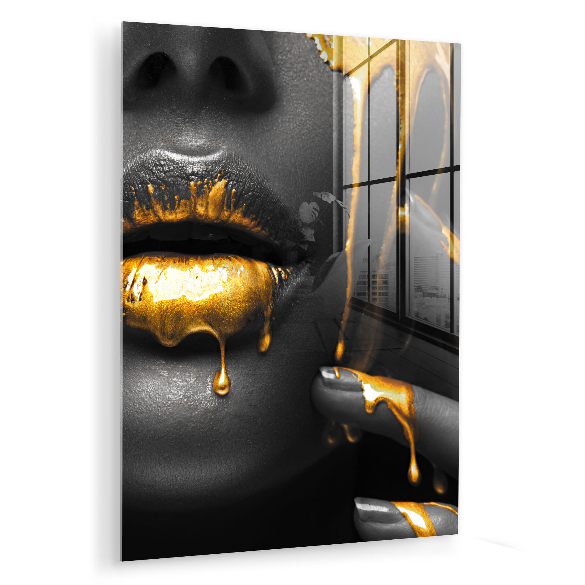 ACRYLGLASBILD Frau - Schwarz - Gold - Gesicht - Lippen 60x80 cm - Goldfarben, Glas (60/80cm) - MuchoWow