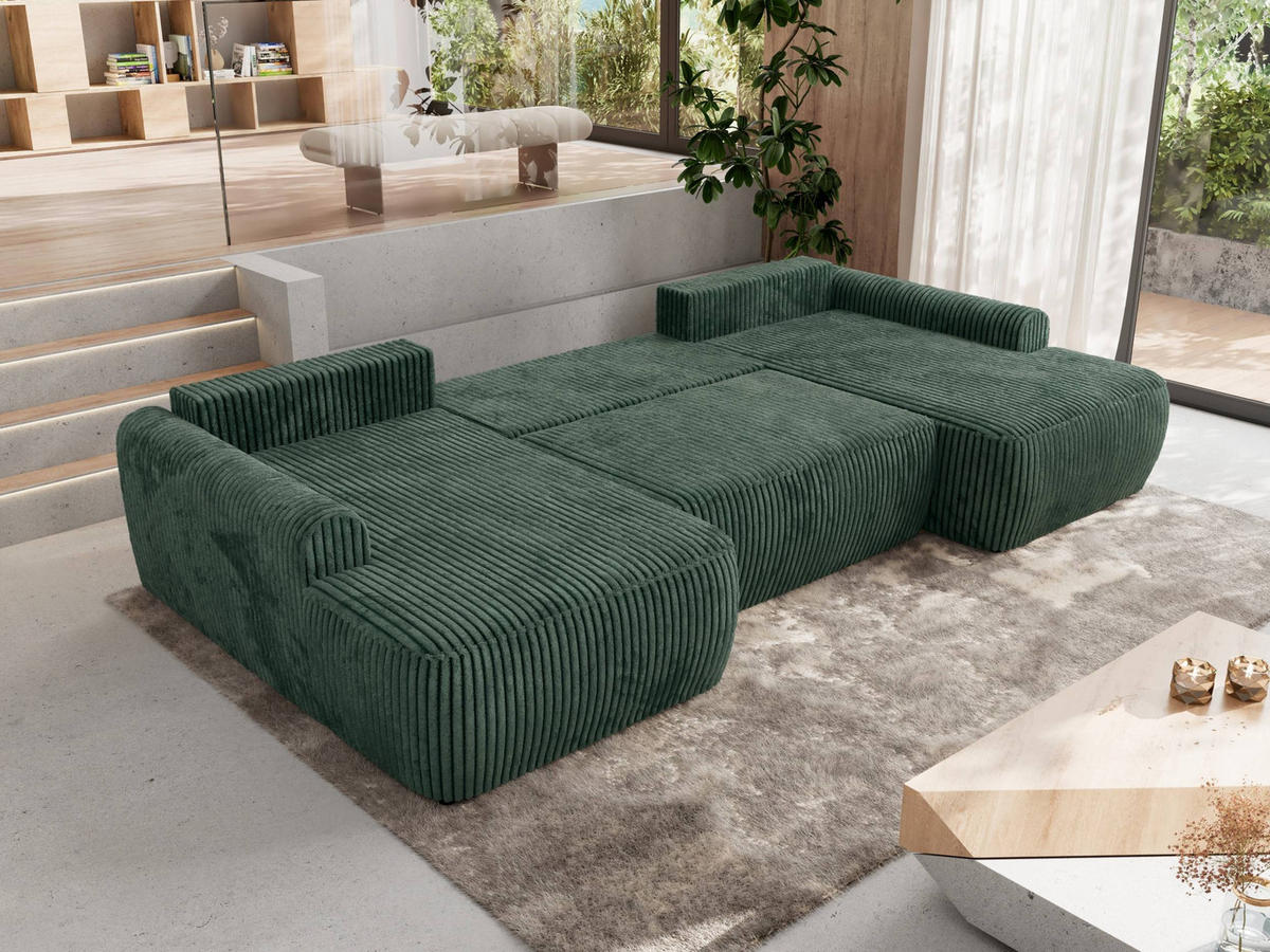 WOHNLANDSCHAFT CUBO U Grün Cord - Schwarz/Grün, Kunststoff/Textil (370/100/187cm) - MKS