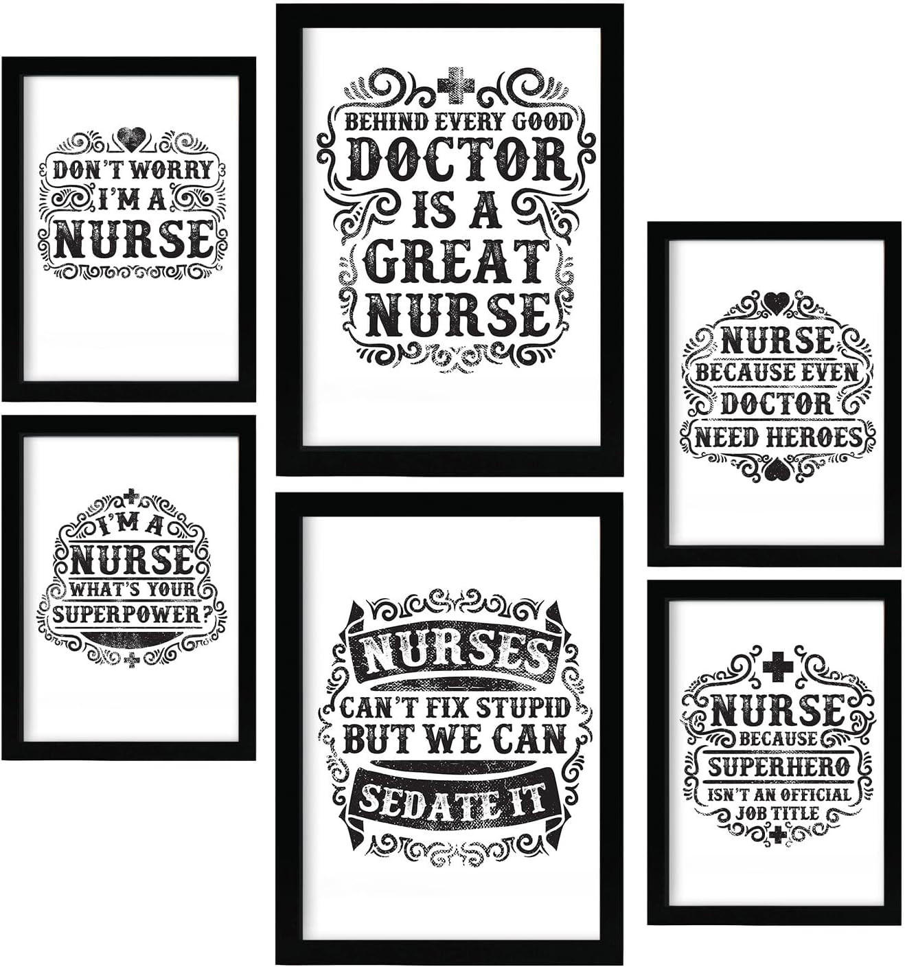 POSTER Set Mit 6 Krankenschwester In Rustikale Zitate A3 & A4 Rahmen Aus Hellem Holz - Beige, Papier (29/3cm) - Nacnic