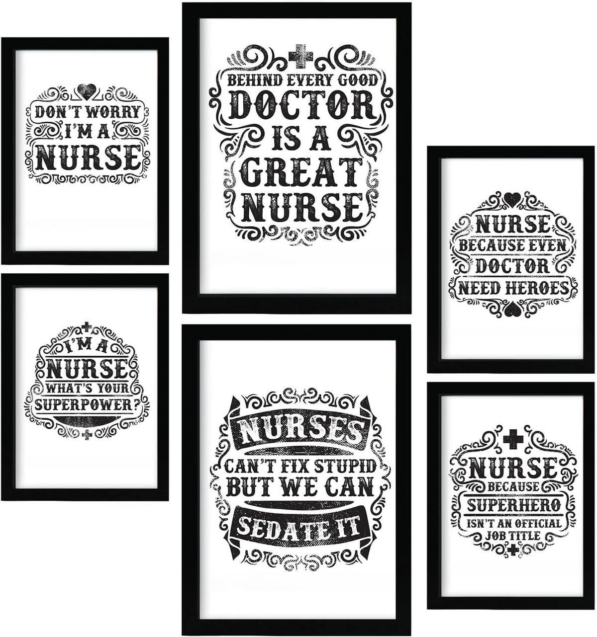 POSTER Set Mit 6 Krankenschwester In Rustikale Zitate A3 & A4 Rahmen Aus Hellem Holz - Beige, Papier (29/3cm) - Nacnic