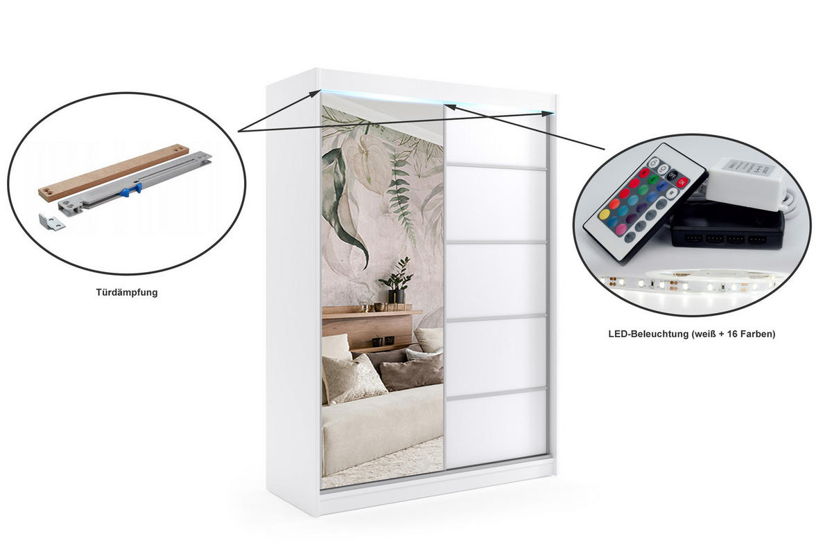 KLEIDERSCHRANK mit Spiegel-Schiebetüren und Aluminium-Leisten, LED-Beleuchtung - MAKI - 150 cm Weiß - Weiß, Holzwerkstoff (150/216/61cm) - ALTDECOR