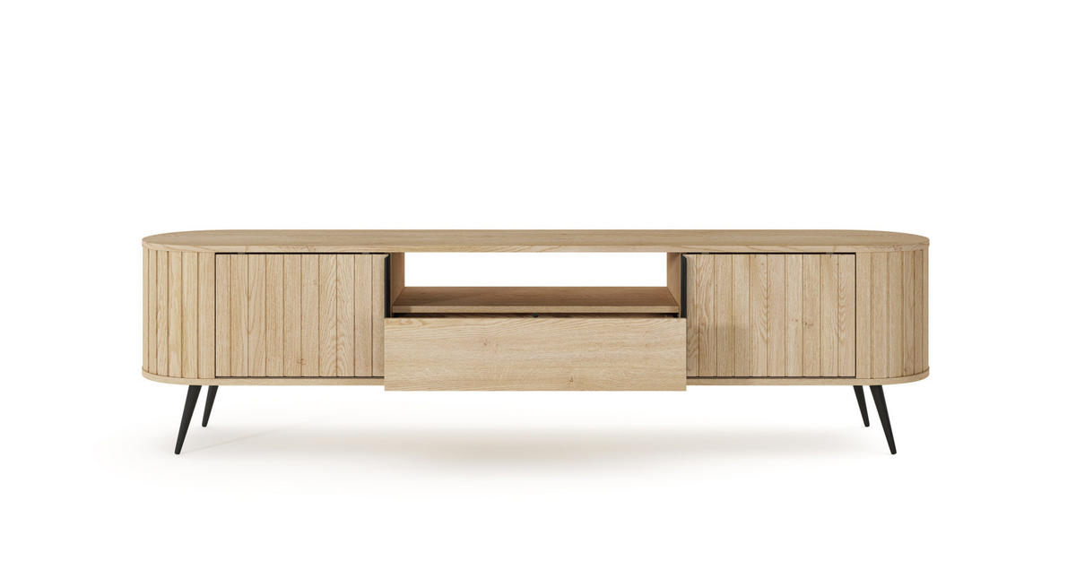 TV-LOWBOARD LOVI 196 cm Eiche Cremona - mit Riffel-Front und Schiebetüren - Eichefarben/Schwarz, Holz/Holzwerkstoff (196/51/40cm) - Ravio