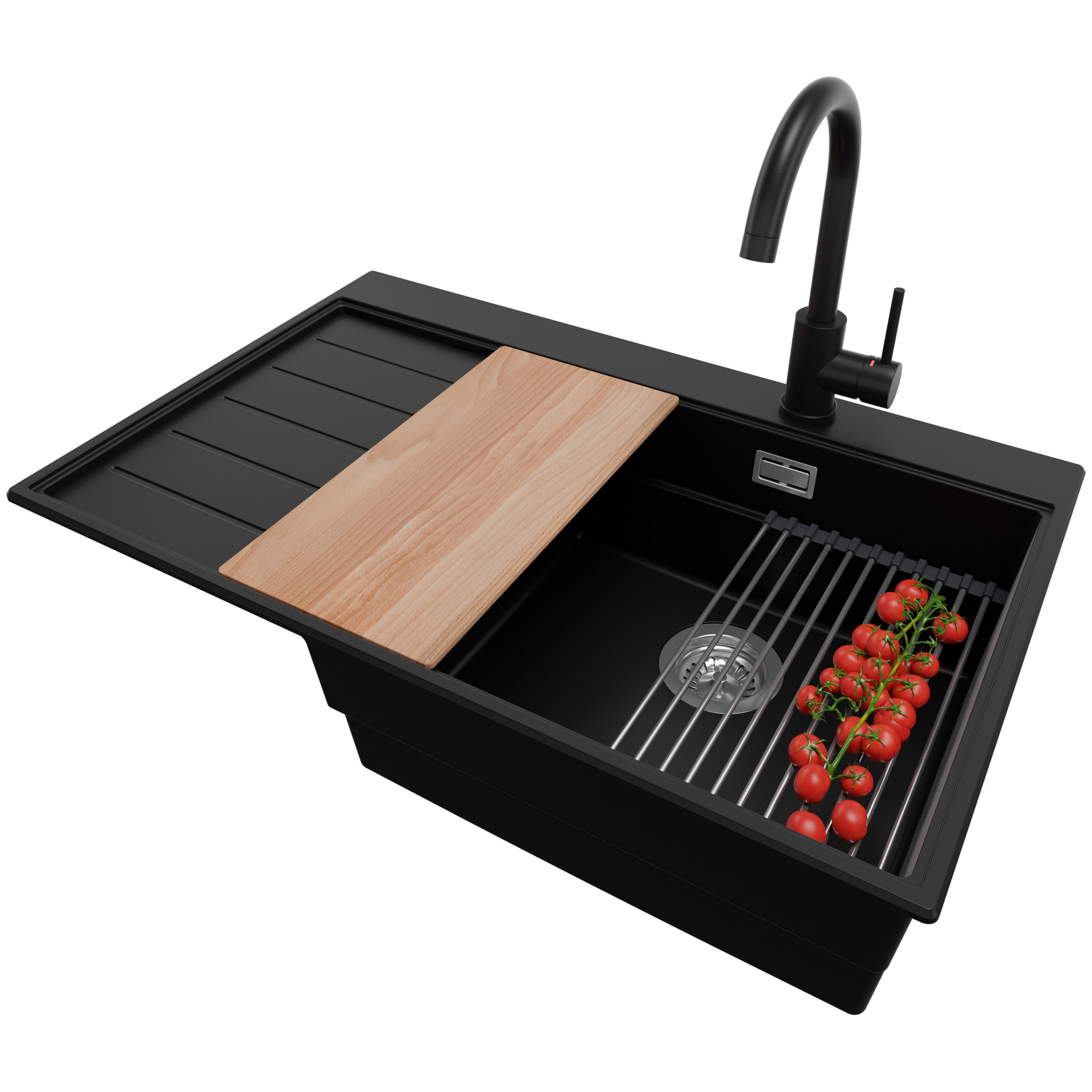 GRANITSPÜLE Sydney, 2-er set Schwarz 78/50 cm 1 Becken + Küchenarmatur 32/20 cm + Ablauf-Set + Küchenzubehörset ab 50er Unterschrank - Chromfarben/Beige, Kunststoff (78/20/50cm) - Primagran