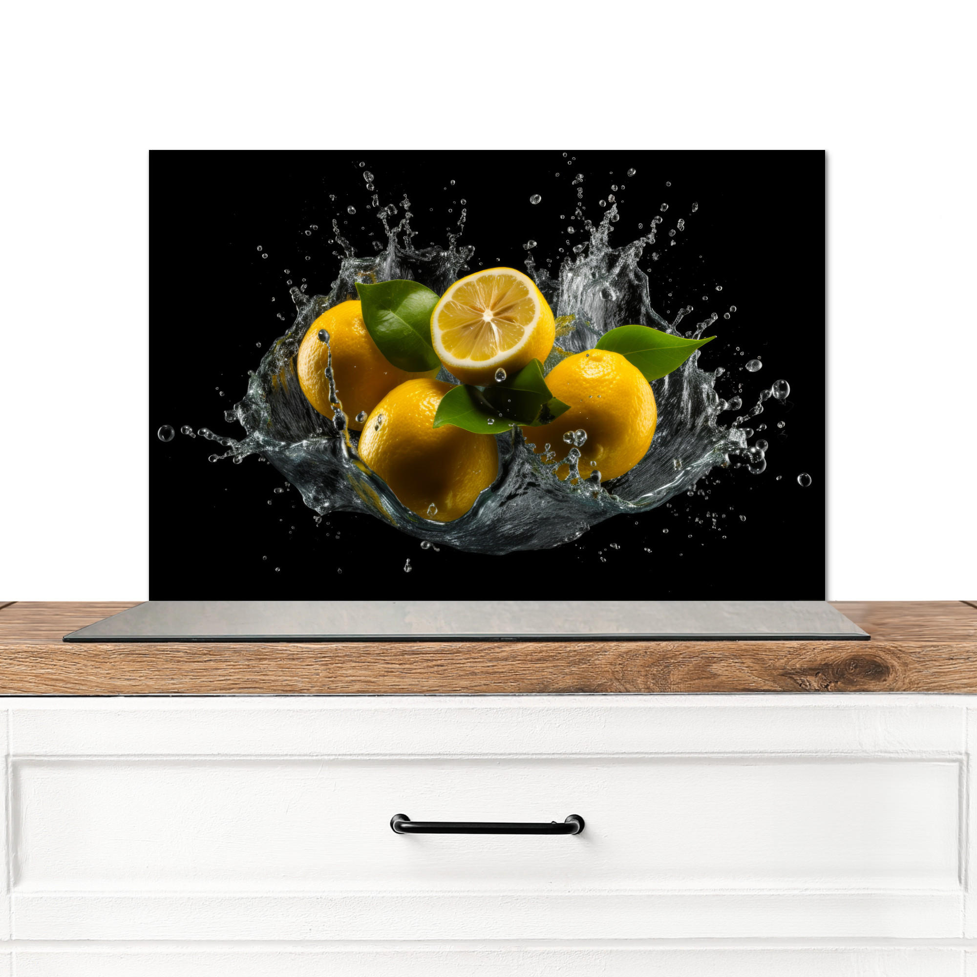 SPRITZSCHUTZ KÜCHE Zitrone - Obst - Gelb - Schwarz 70x50 cm - Gelb, Metall (70/0.3/50cm) - MuchoWow