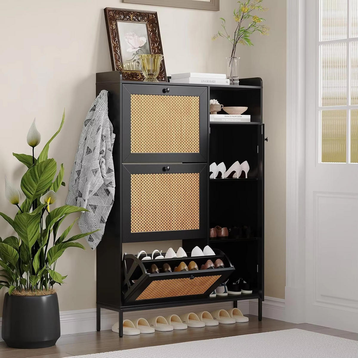 SCHUHSCHRANK Holzoptik mit 3 Klappen - Schwarz, Holz (90/131/12.5cm) - Kaket