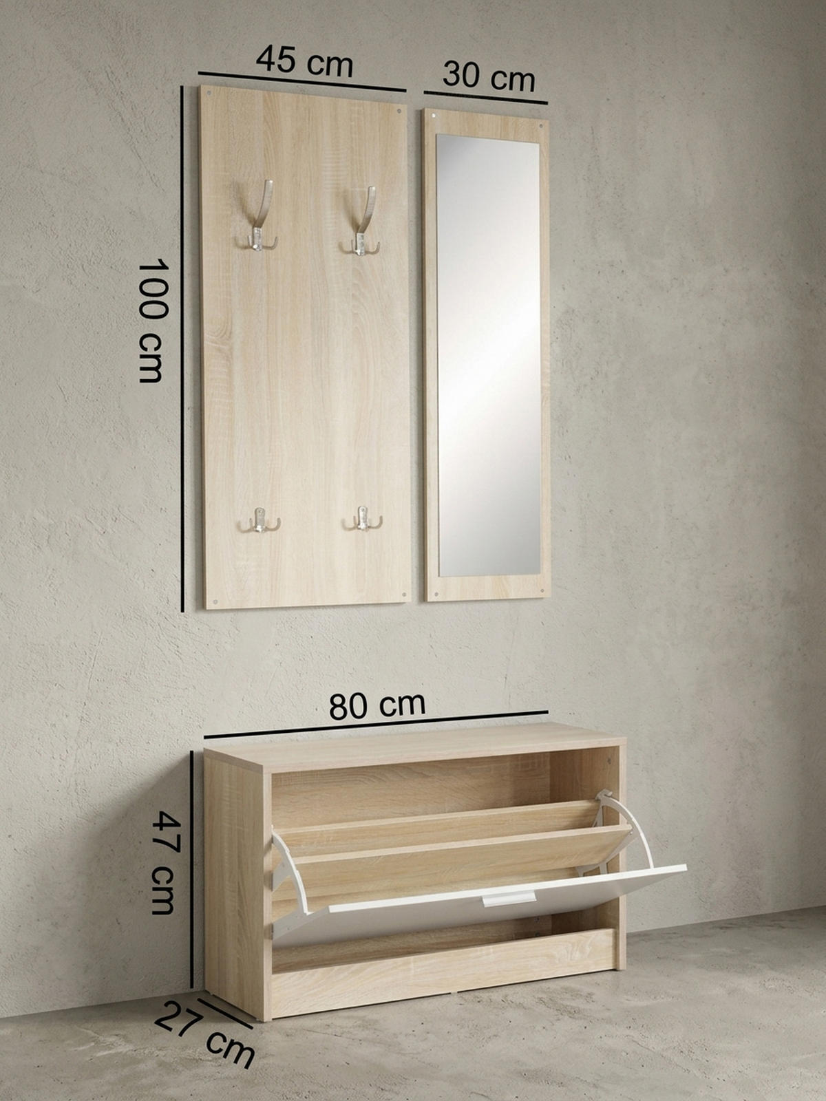 WANDGARDEROBE mit Spiegel, 10 Haken und Platz für 8 Paar Schuhe DELFT, Beige 80x27x180 cm - Beige, Holz (80/180/27cm) - KADIMA DESIGN