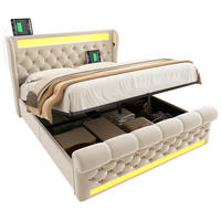 POLSTERBETT 140/200 cm Beige aus Samt mit Stauraum, LED und Matratze - Beige, Textil (140/200cm) - OKMYHOME