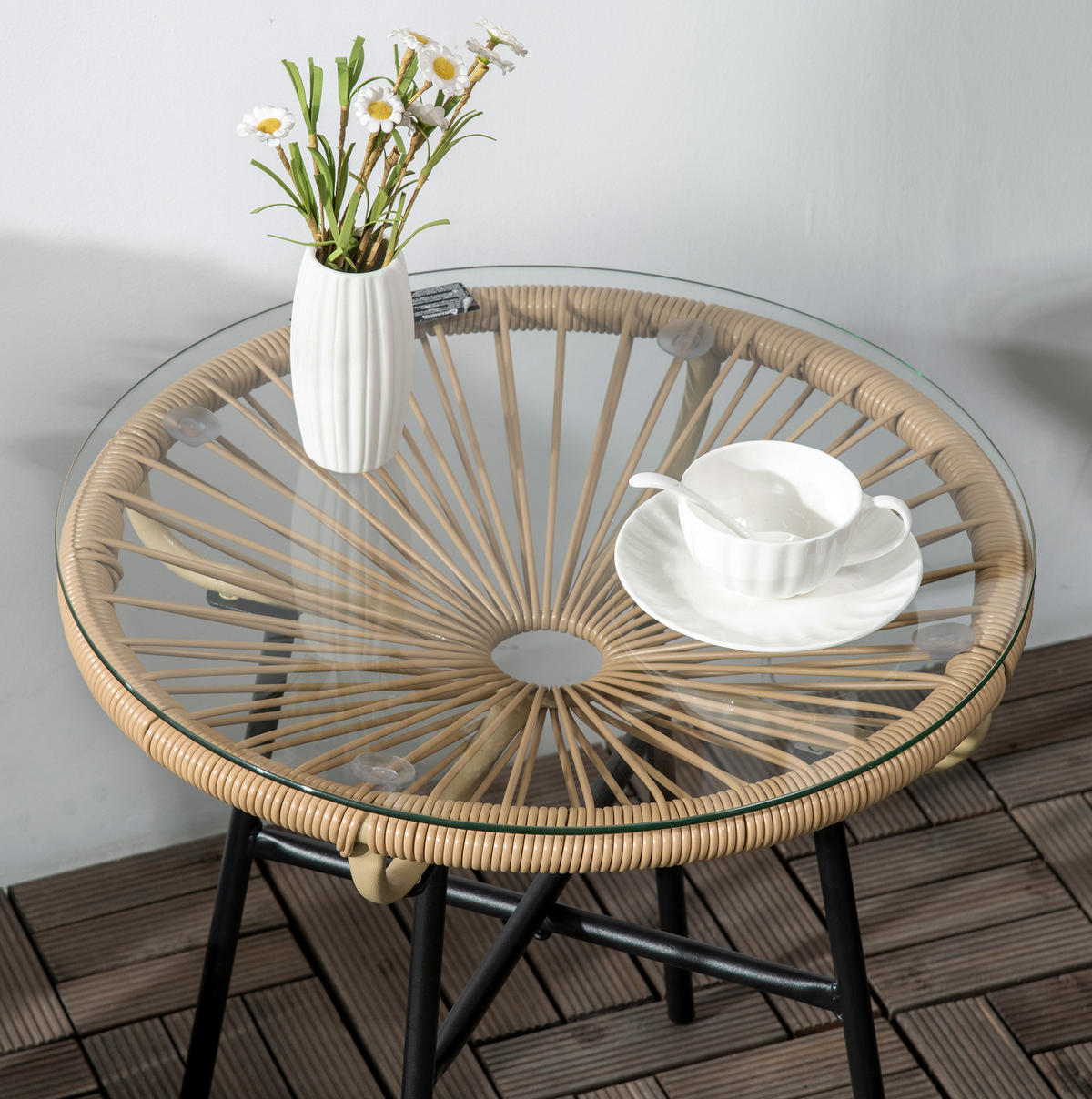 LOUNGETISCH 50/50/50 cm Beige aus Rattan mit Glastischplatte - Beige, Glas (50/50/50cm) - OKMYHOME