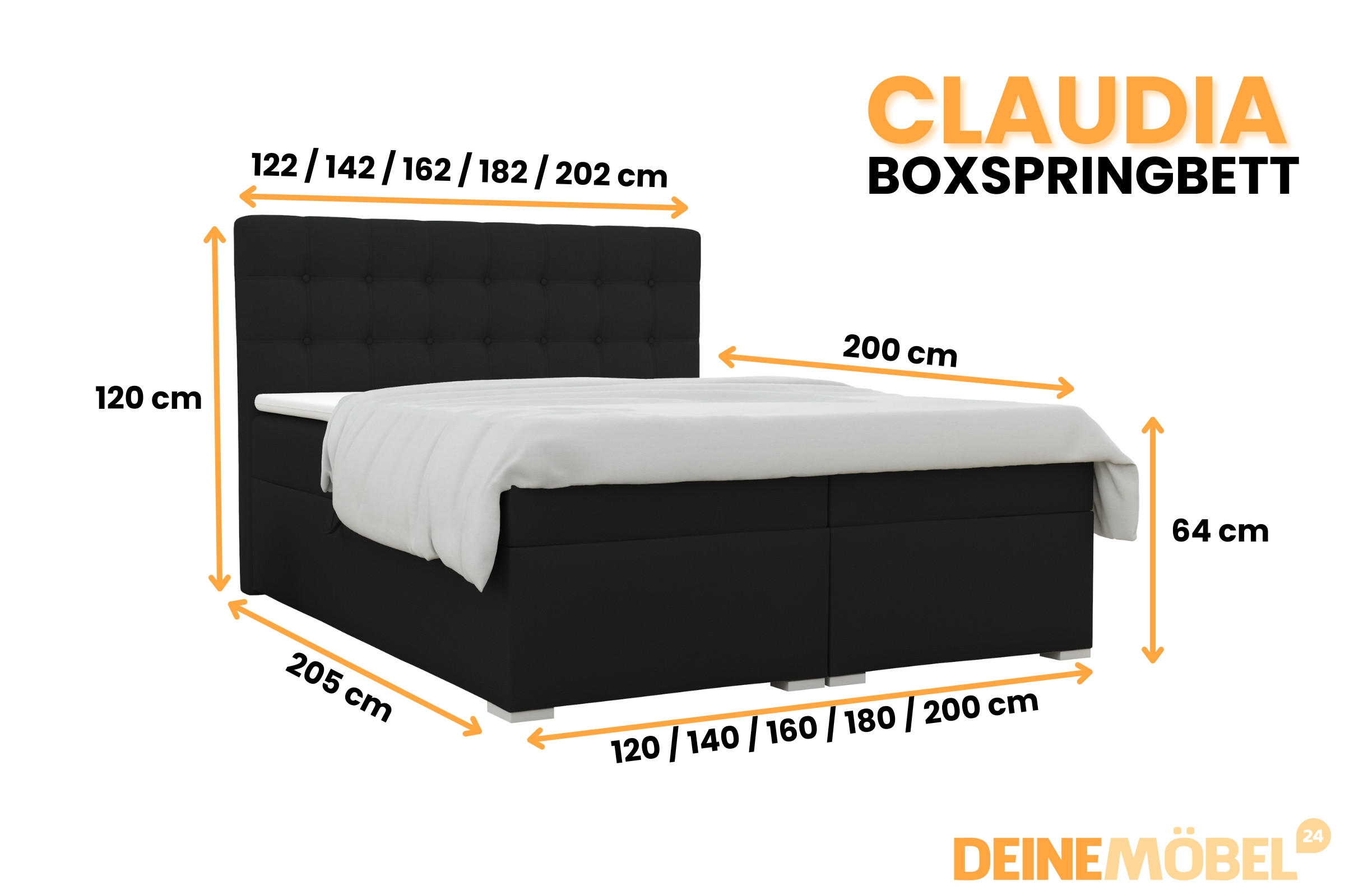 Thumbnail - Deine Möbel 24 Boxbett, Schwarz, Holzwerkstoff, H4, Höhe ca. 19 cm, 120x200 cm, Schlafzimmer, Betten, Boxspringbetten