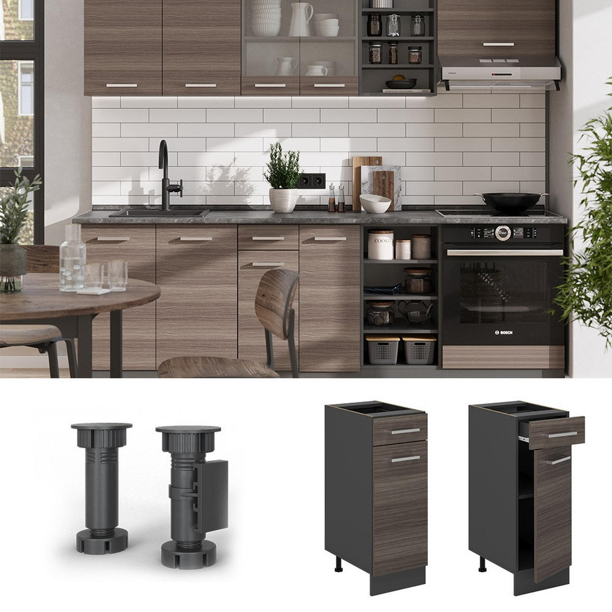 KÜCHENUNTERSCHRANK R-Line Edelgrau 30 cm , AP Eiche - Anthrazit/Grau, Holzwerkstoff (30/81.6/60cm) - Vicco