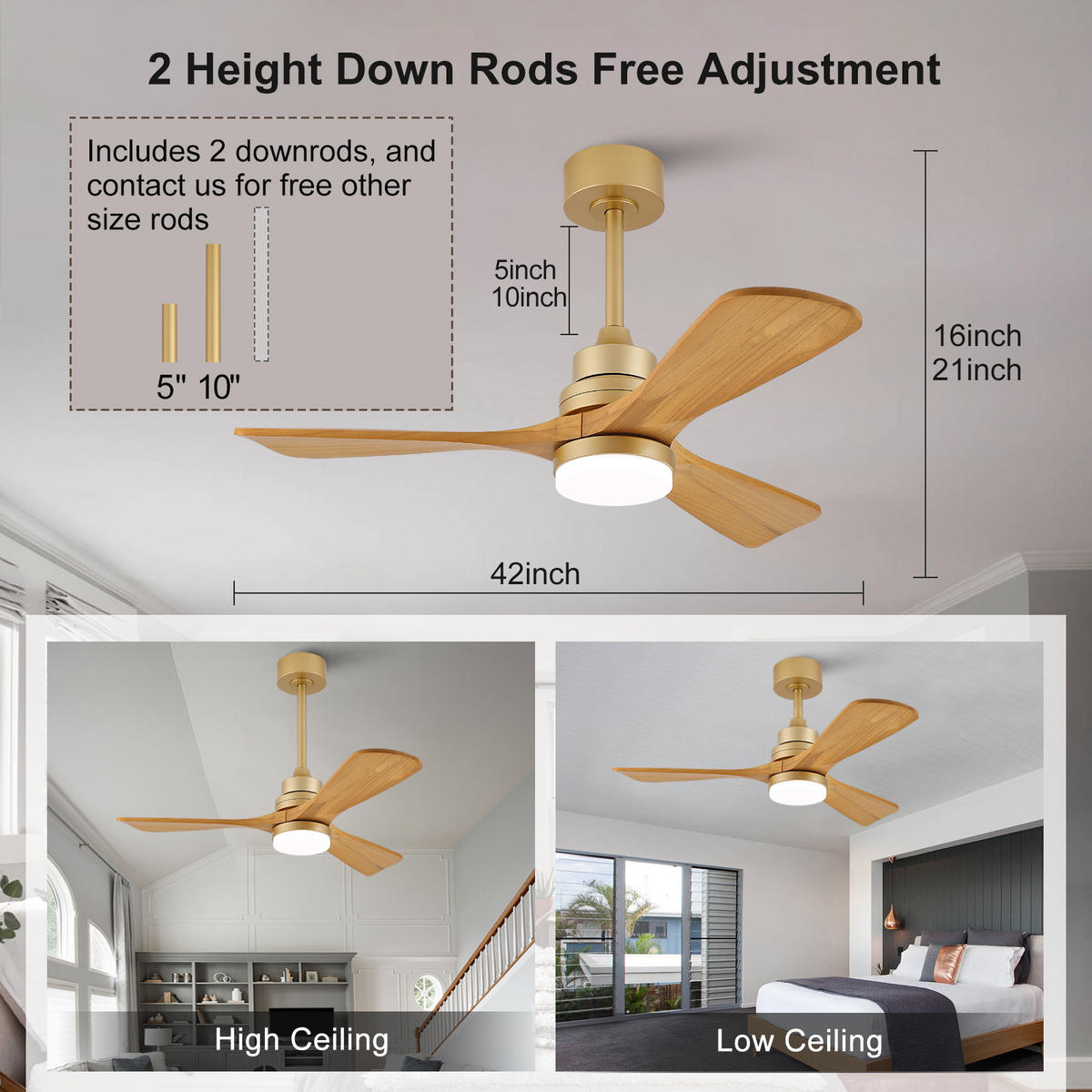 DECKENVENTILATOR 42Zoll Holz LED Licht Gold 3 Flügel Fernbedienung - Braun, Kunststoff (107/107/37cm) - CASIVA