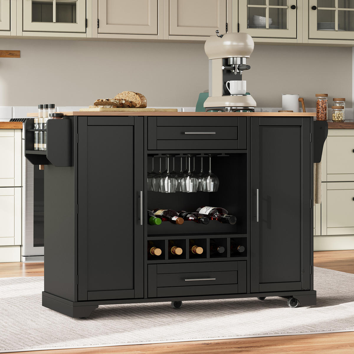 KÜCHENINSEL Schwarz aus MDF mit ausziehbarer Arbeitsplatte 138 × 70 × 92 cm - Schwarz, Holzwerkstoff (138/92/70cm) - Luhomfu