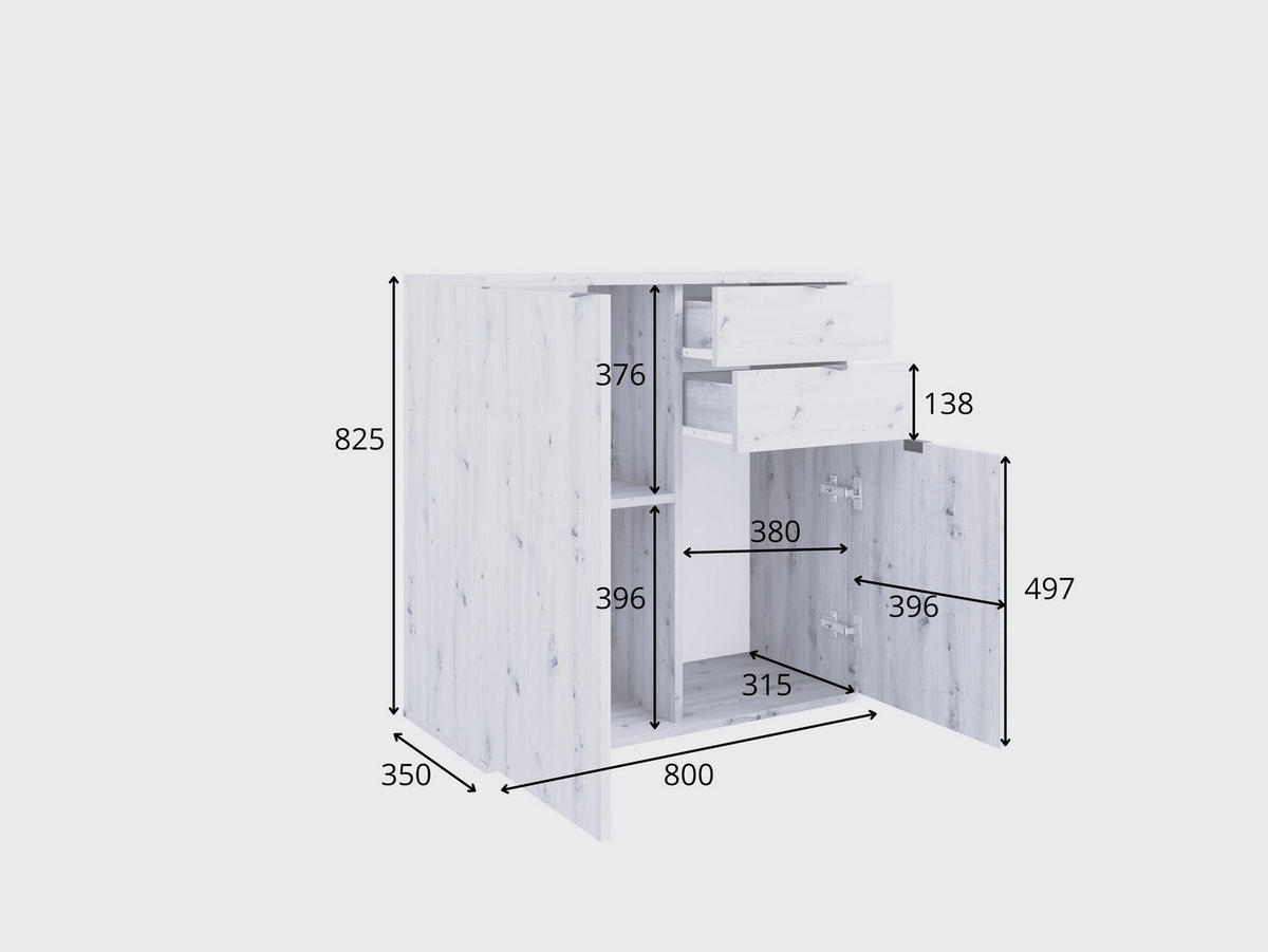 KOMMODE METRIX 80/82,5/35cm mit 2 Schubladen 2 Türen Weiß - Weiß, Holzwerkstoff (80/82.5/35cm) - MASSENO