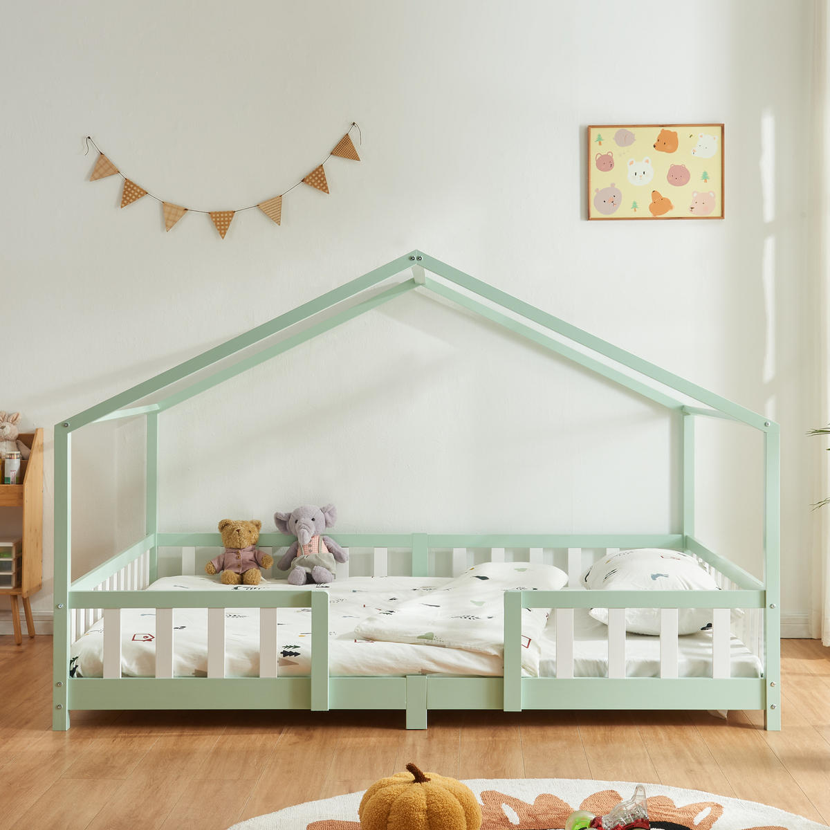 HAUSBETT Treviolo mit Matratze - Weiß/Mintgrün, Holz/Textil (140/200cm) - [en.casa]