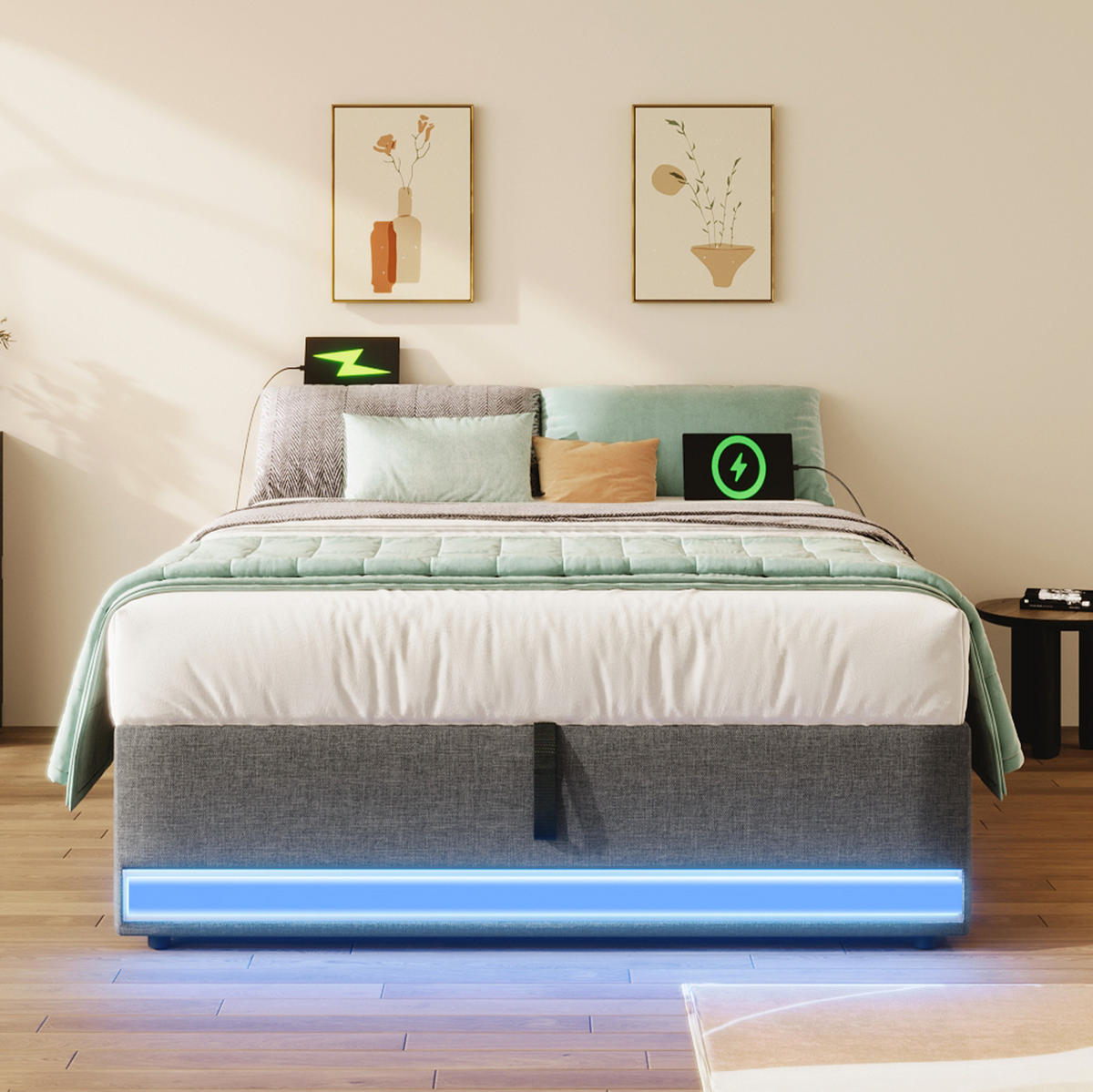 POLSTERBETT 90/200 cm Grau mit LED-Beleuchtung, Stauraum und USB-Anschlüssen - Grau, Textil (90/200cm) - Flora Grace