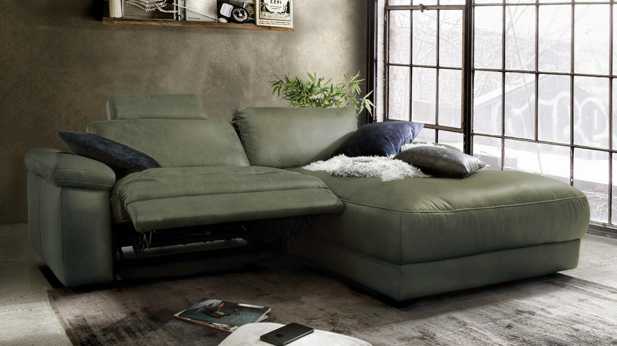 ECKSOFA MOTORISCH. RELAXFUNKTION LOLA Dunkelgrün Leder - Dunkelgrün/Schwarz, Leder (233/178cm) - KAWOLA