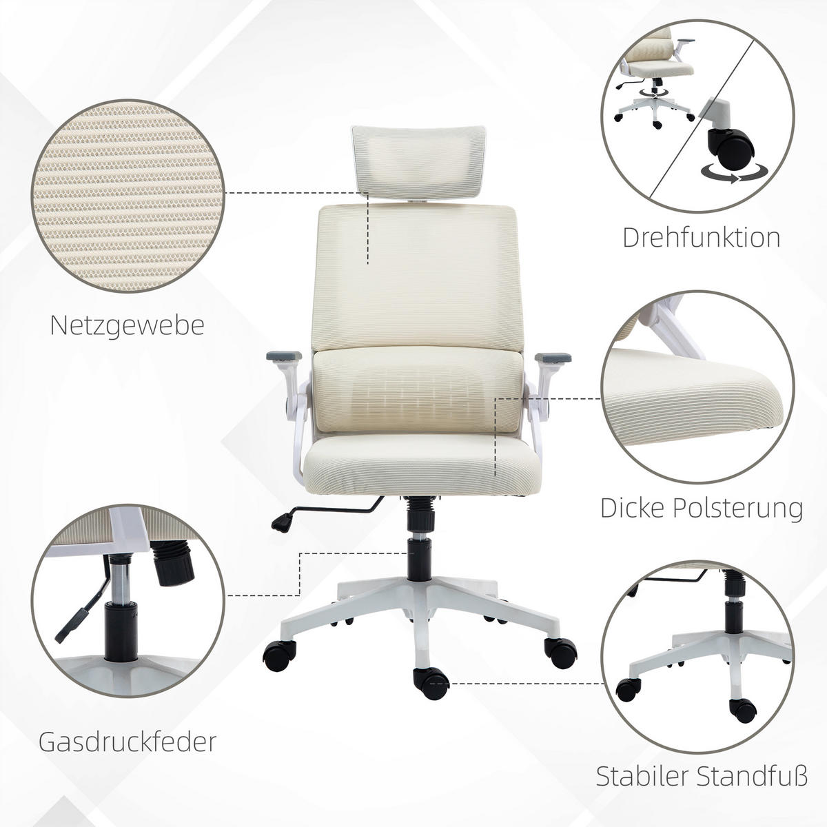BÜROSTUHL Mesh Beige - Beige/Weiß, Kunststoff/Textil (61/121.5/60cm) - Vinsetto