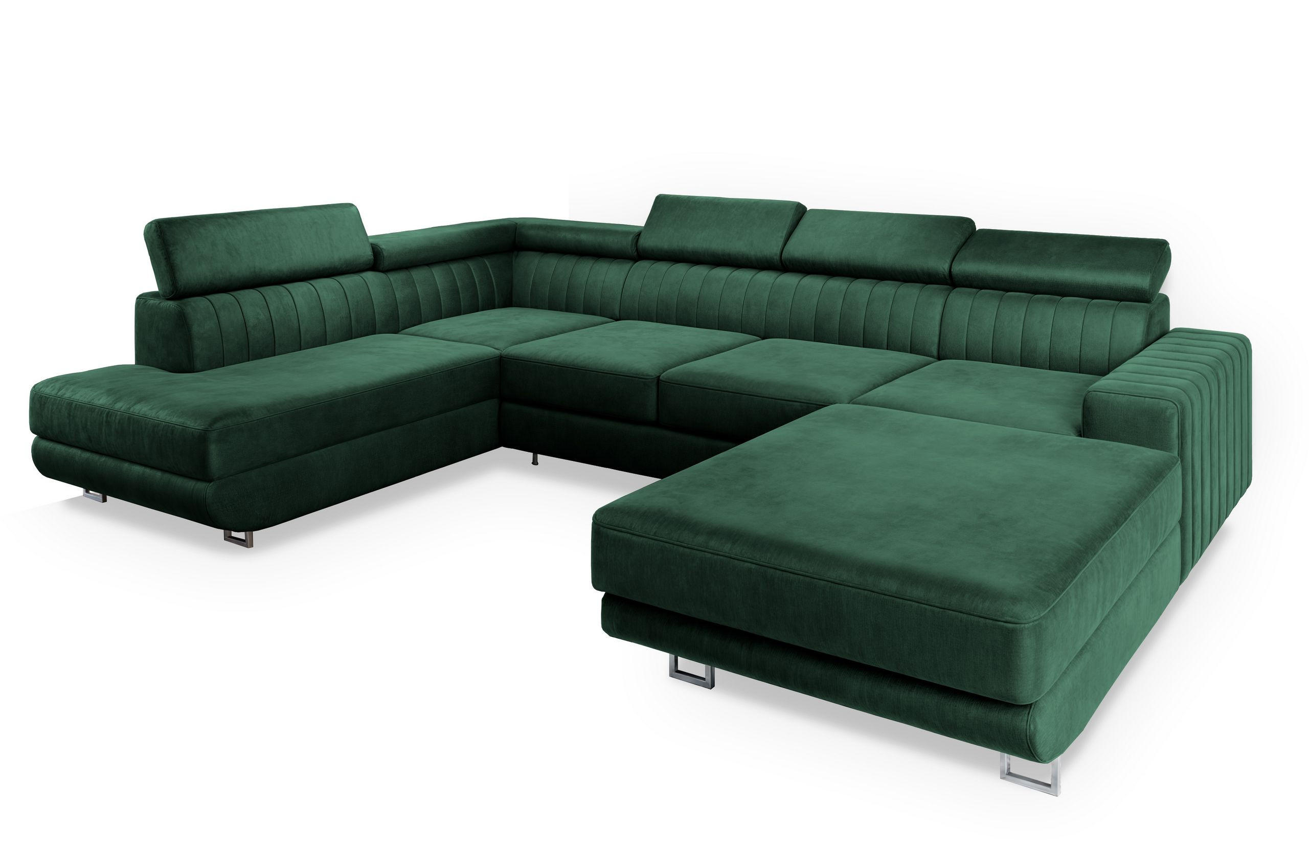 WOHNLANDSCHAFT SIENA L-S Grün Velours-Stoff mit Schlaffunktion - Grün, Holz (335/89/190cm) - MASSENO