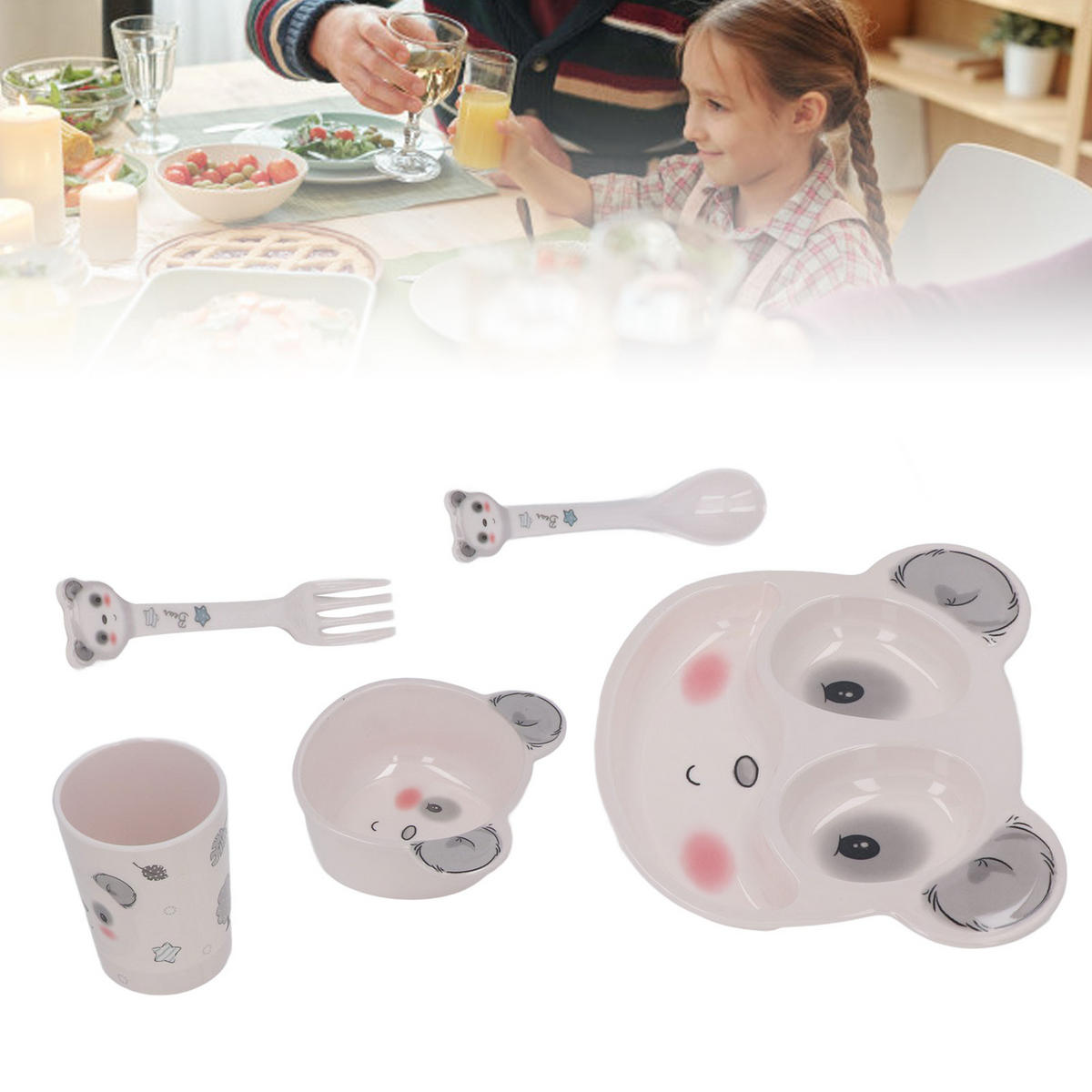 KINDERTELLER-SET, Panda, Saugfuß, 5-teilig, Melamin, BPA-frei, rutschfest, Kleinkind - Grau, Naturmaterialien