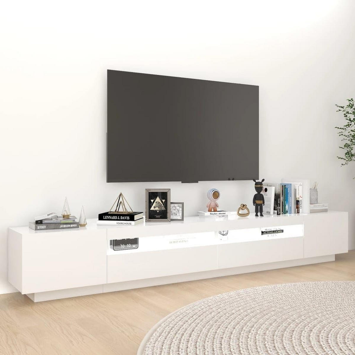 TV Lowboard LED 260x35x40 cm, 3 Ebenen, 2 Türen, Weiß - Weiß, Holz (240/35/39cm)