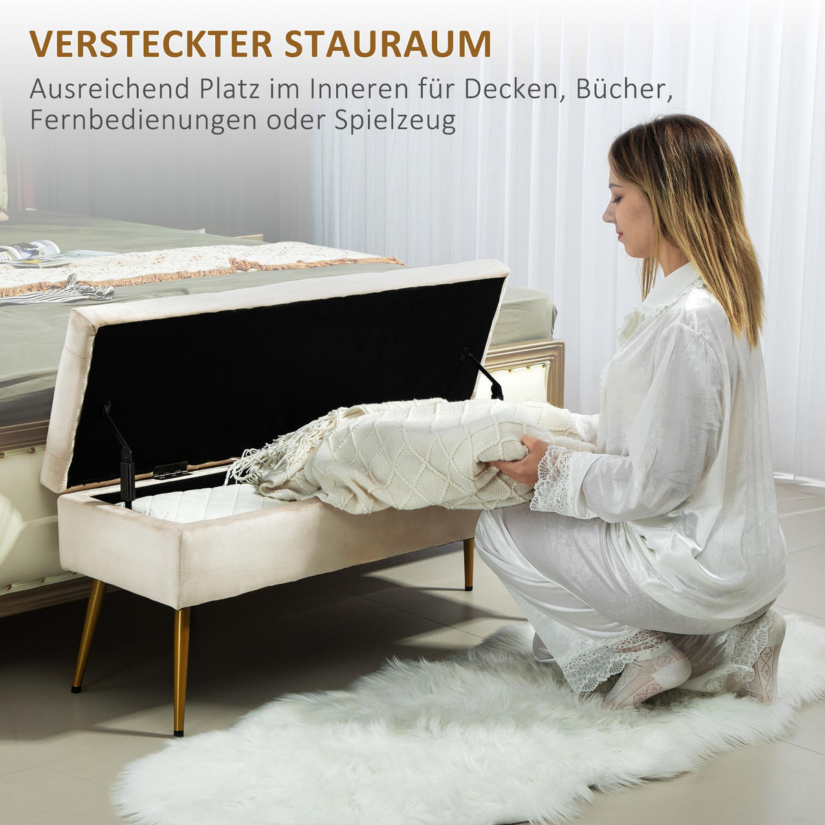 SITZBANK Polsterbank mit Stauraum Bettbank mit Samtoptik für Flur Metall Beige - Beige, Kunststoff (35/43/102cm) - HOMCOM