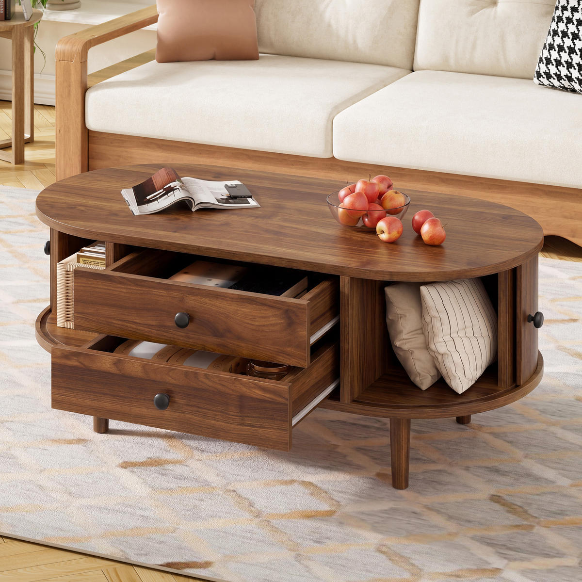 COUCHTISCH in Holzoptik Ovaler Wohnzimmertisch mit Schiebetüren und 2 Schubladen, 100 B / 50 T / 40 H(cm) - Dunkelbraun, Holzwerkstoff (50/100/40cm) - STILVORA