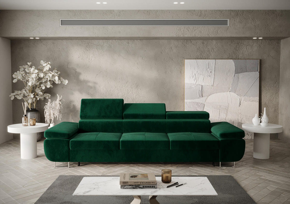 SCHLAFSOFA PRAGA 3, Sofa mit Schlaffunktion, Farbe: Grün, Velourstoff - Grün, Textil (276/90/100cm) - O-Sofa