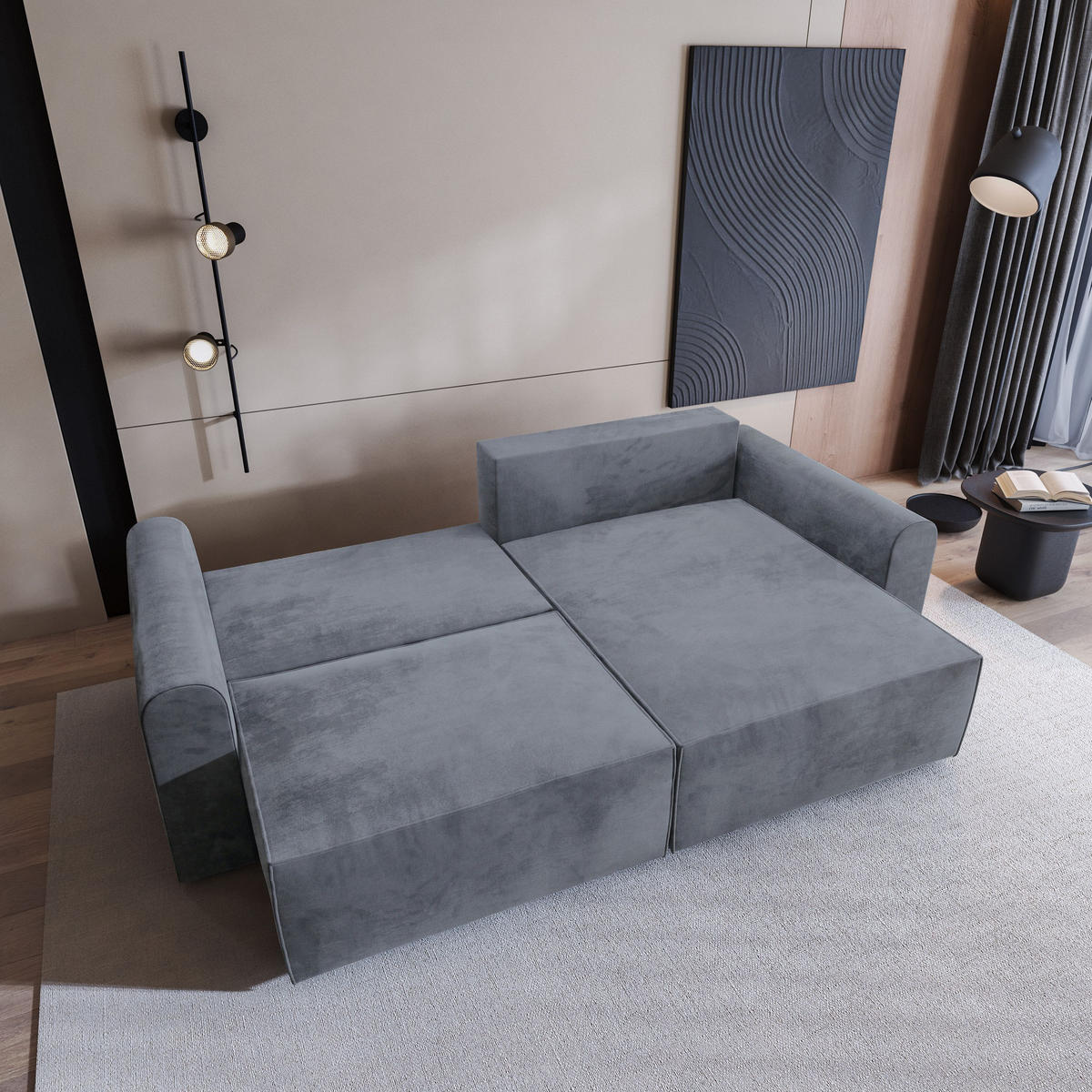 ECKSOFA FIANO M Grau Velours-Stoff mit Schlaffunktion - Grau, Holz (245/148cm) - MASSENO