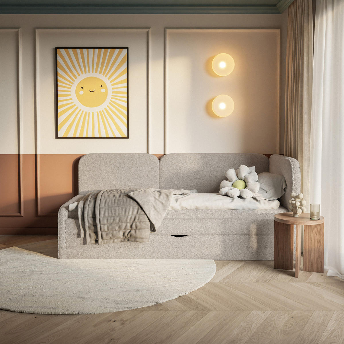 ČALOUNĚNÁ postel Cuddy, čelo vpravo, plyšová látka béžová, 90x200 cm - černá/béžová, textil/plast (90/200cm) - Selsey