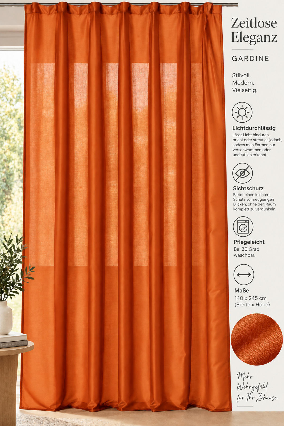 VORHANG Kräuselband 140/245 cm Orange Wildseiden Optik - Dunkelorange, Textil (140/245cm) - TiborTex