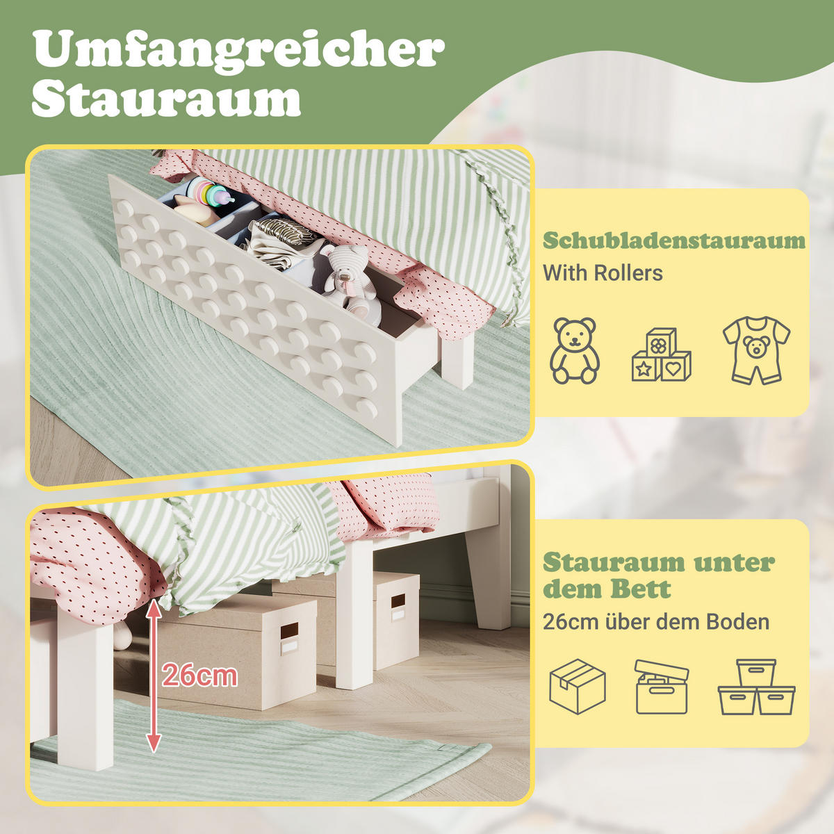 KINDERBETT 90/200 cm Weiß mit Stauraum und kreativem Blockdesign - Weiß, Holz (90/200cm) - OKWISH