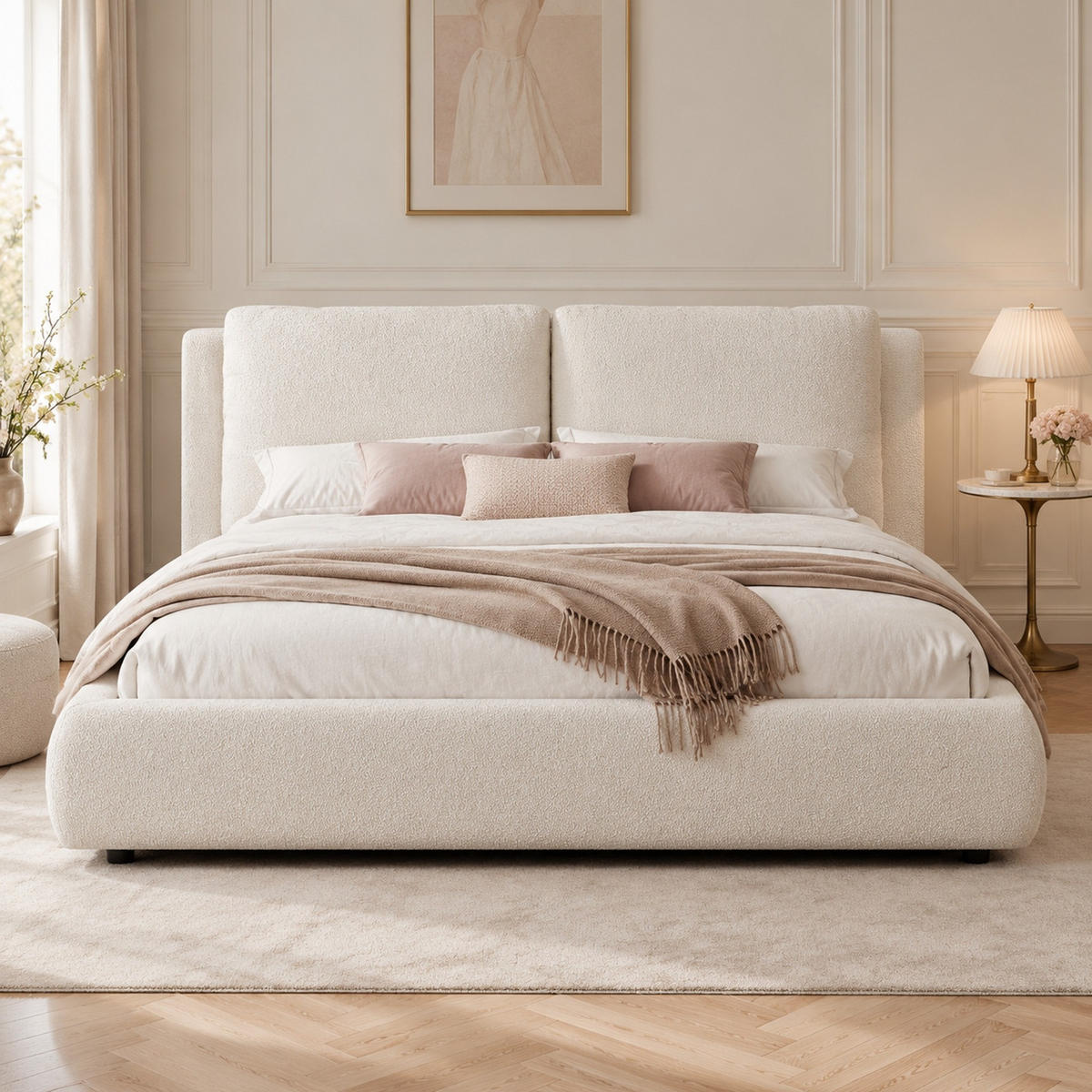 POLSTERBETT 160/200 mit hydraulischem Bettkasten, Lattenrost und gepolstertem Kopfteil in Beige - Beige, Holzwerkstoff/Textil - EVRYAE